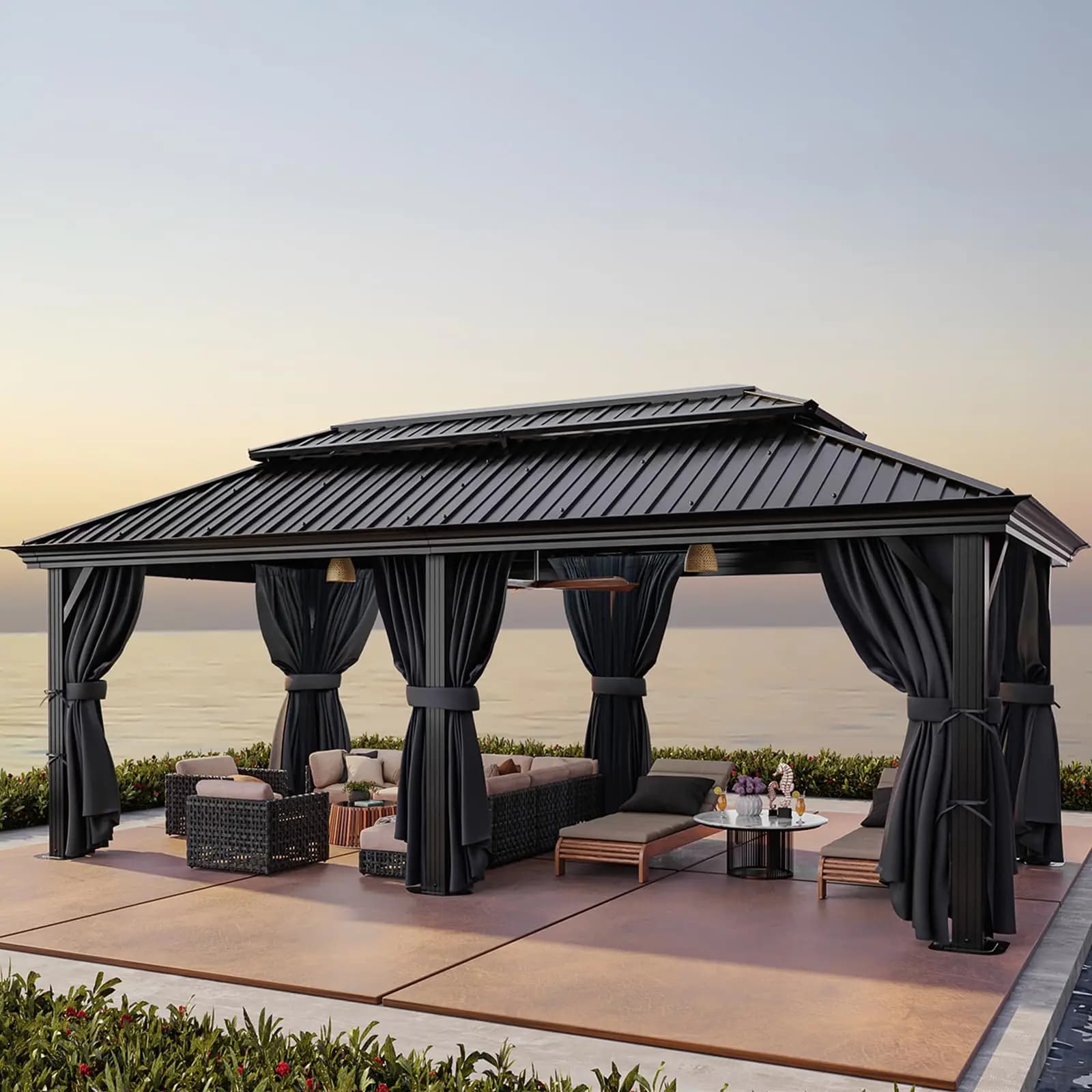 Gazebo con tetto rigido 12×20 con tetto in metallo, gazebo in acciaio zincato resistente con telaio in alluminio rinforzato, tenda ignifuga
