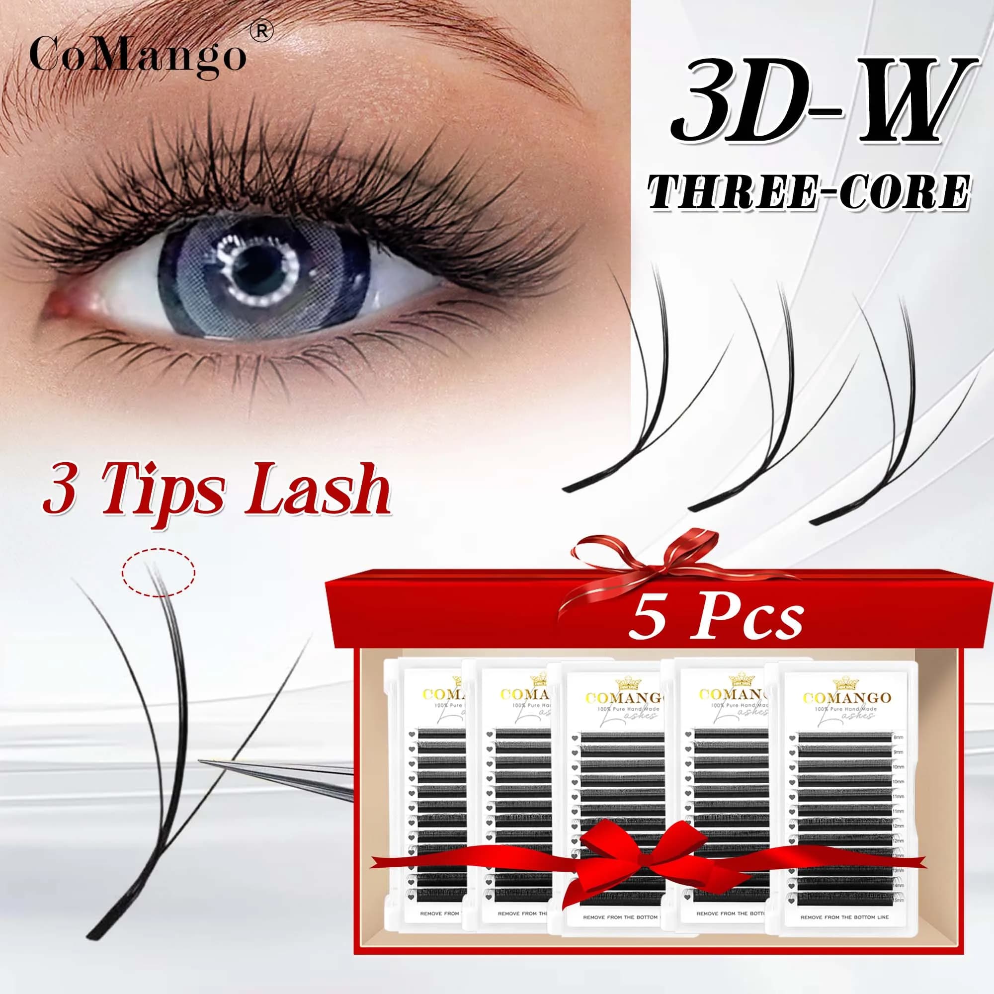 CoMango 5 pieces new W-shaped 3D eyelashes with triple tip for extension 3D fake lashes in automatic lashes with flower volume