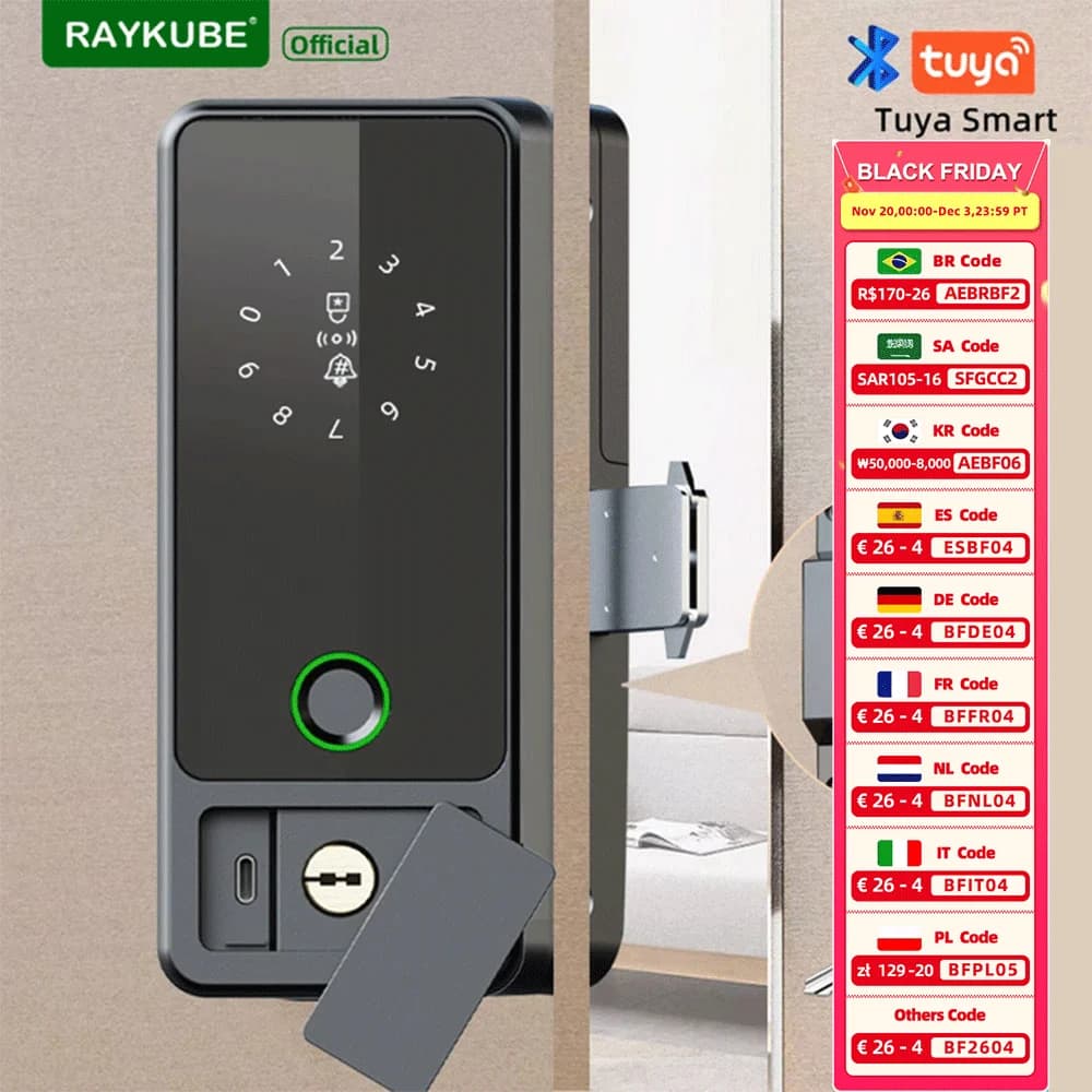 Nuovo RAYKUBE G18 Tuya Bluetooth Smart Serratura in vetro Impronta digitale Serratura elettronica digitale APP/Scheda IC/Sblocco password per porta in vetro