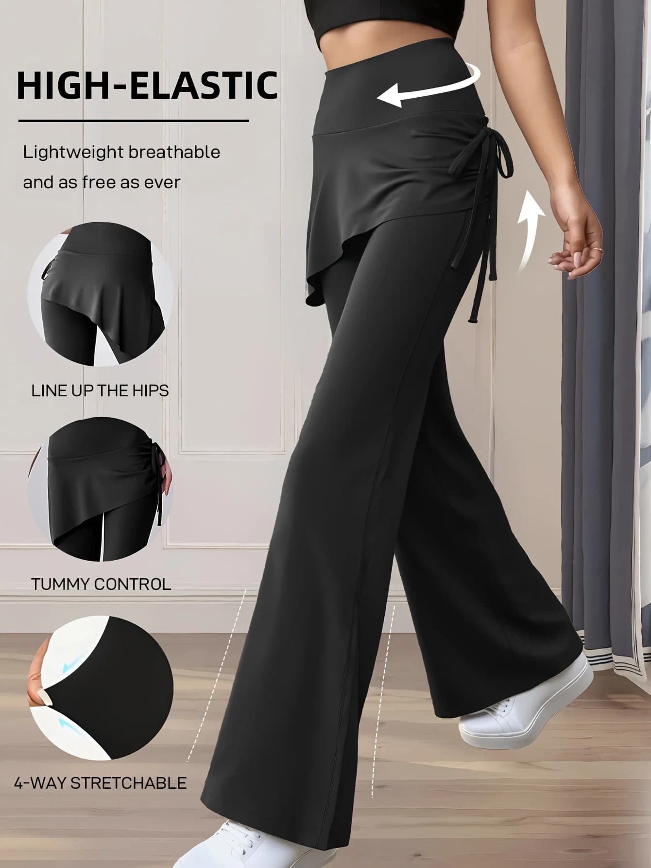 Women's Summer and Spring Flared Skirt Pants - Side Drawstring Design - High-Waisted Fitness Pants - Suitable for Cycling, Yoga