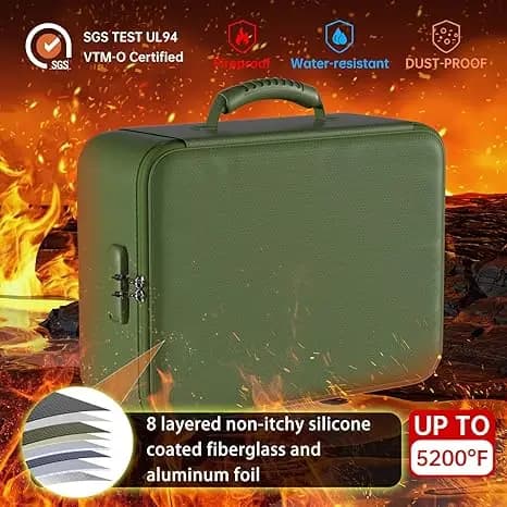 Organizzatore di Documenti Ignifugo, Custodia Rigida Ignifuga con Serratura, Cartella a Fisarmonica con 13 Tasche, Portatile per Casa, Ufficio e Viaggi