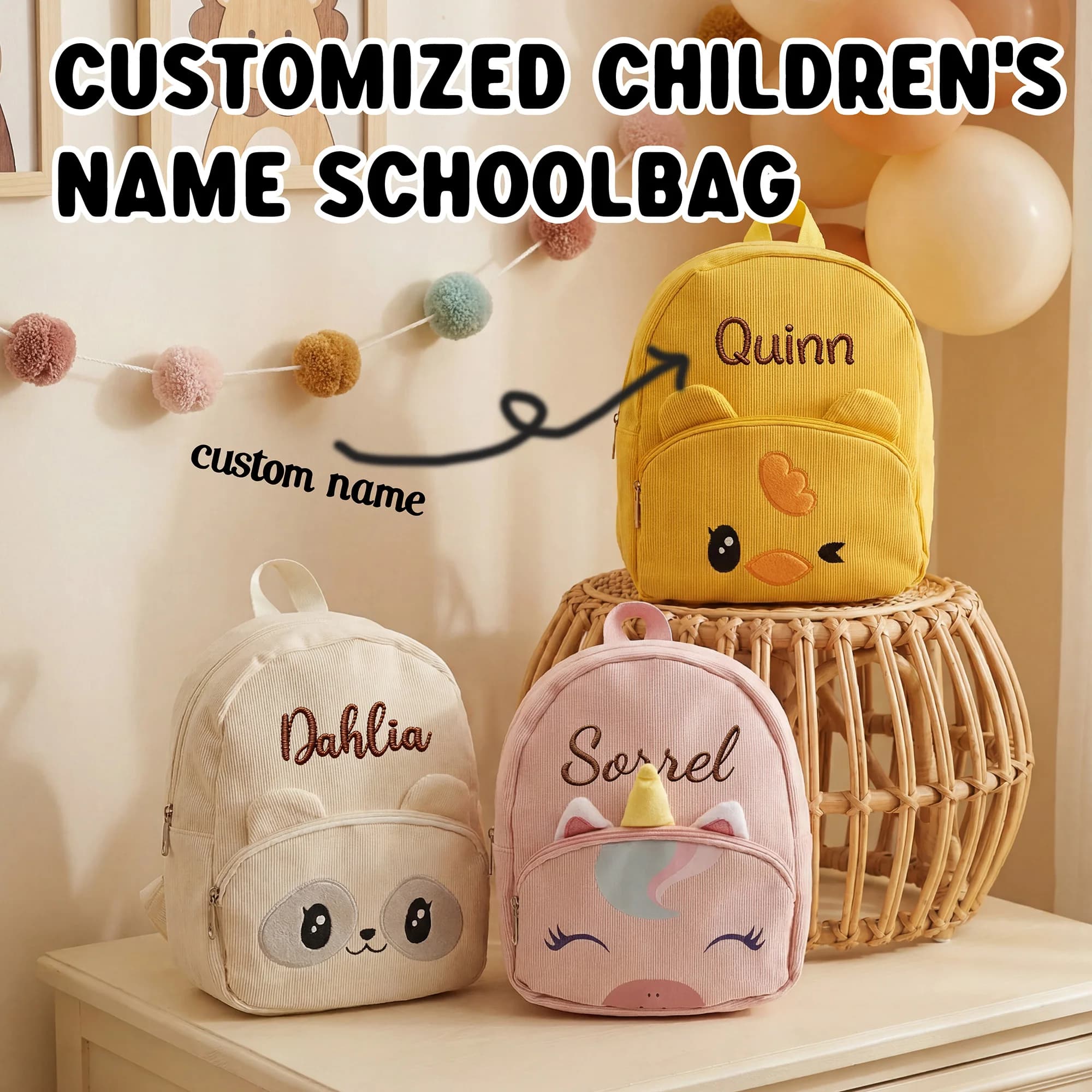 Custom Embroidered Name Kids Backpack Corduroy Cartoon Panda Unicorn Duck Toddler School Bag,Baby Shower Gift