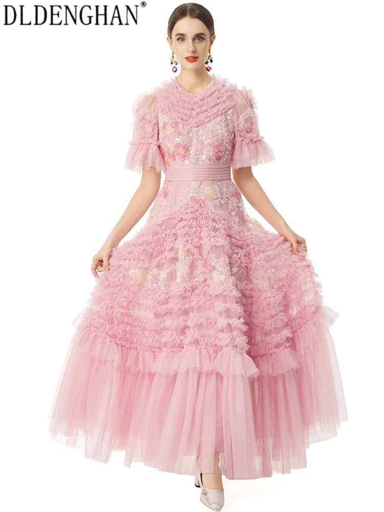 DLDENGHAN Abiti lunghi da donna con scollo a O, maniche a campana, perline, paillettes, in rete, primavera estate, vintage, a grande pendolo