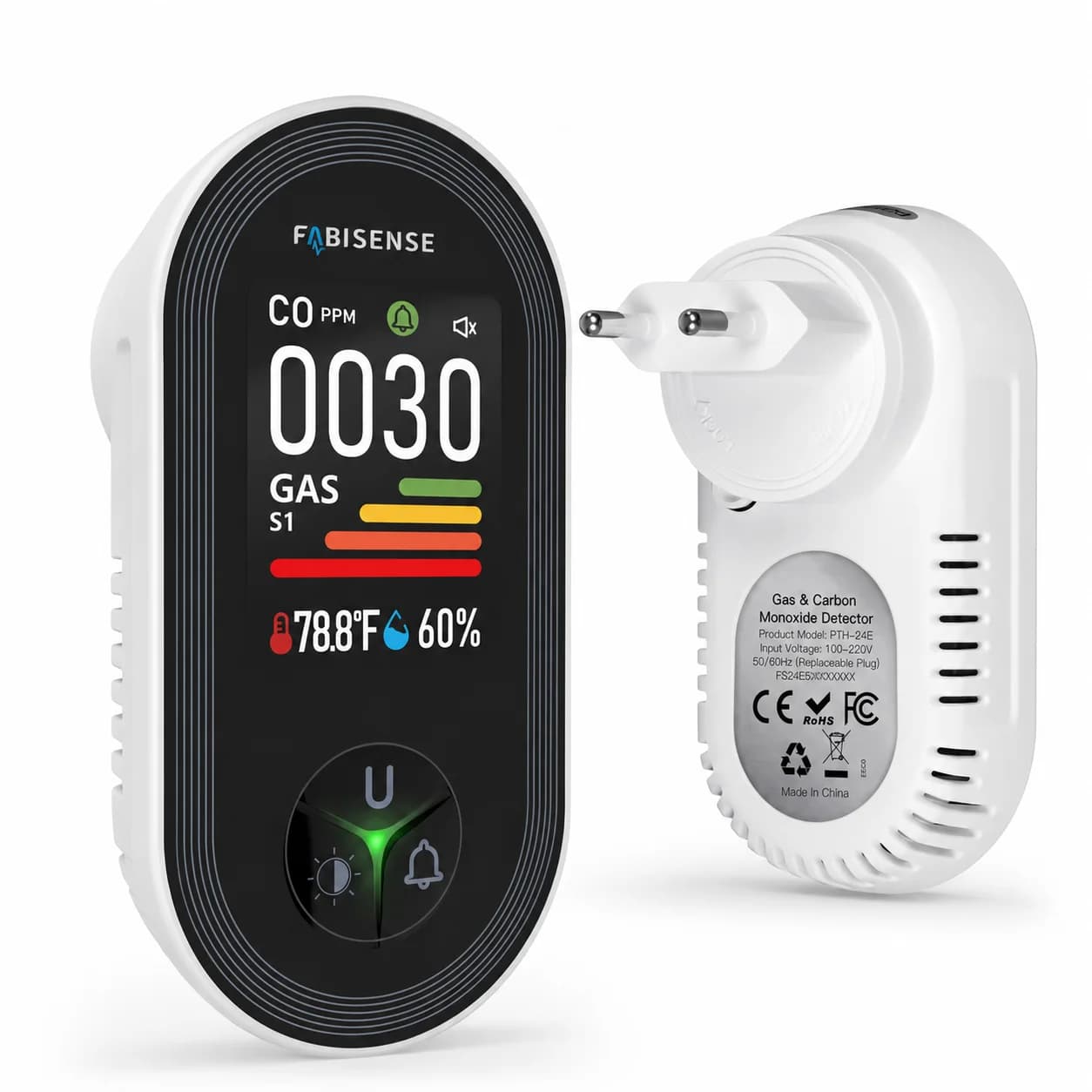 FABISENSE 4-in-1 Plug in Carbon Monoxide and Gas Detector CO Alarm Gas Analyzer Display with Humi/Temperature Sensor for Home