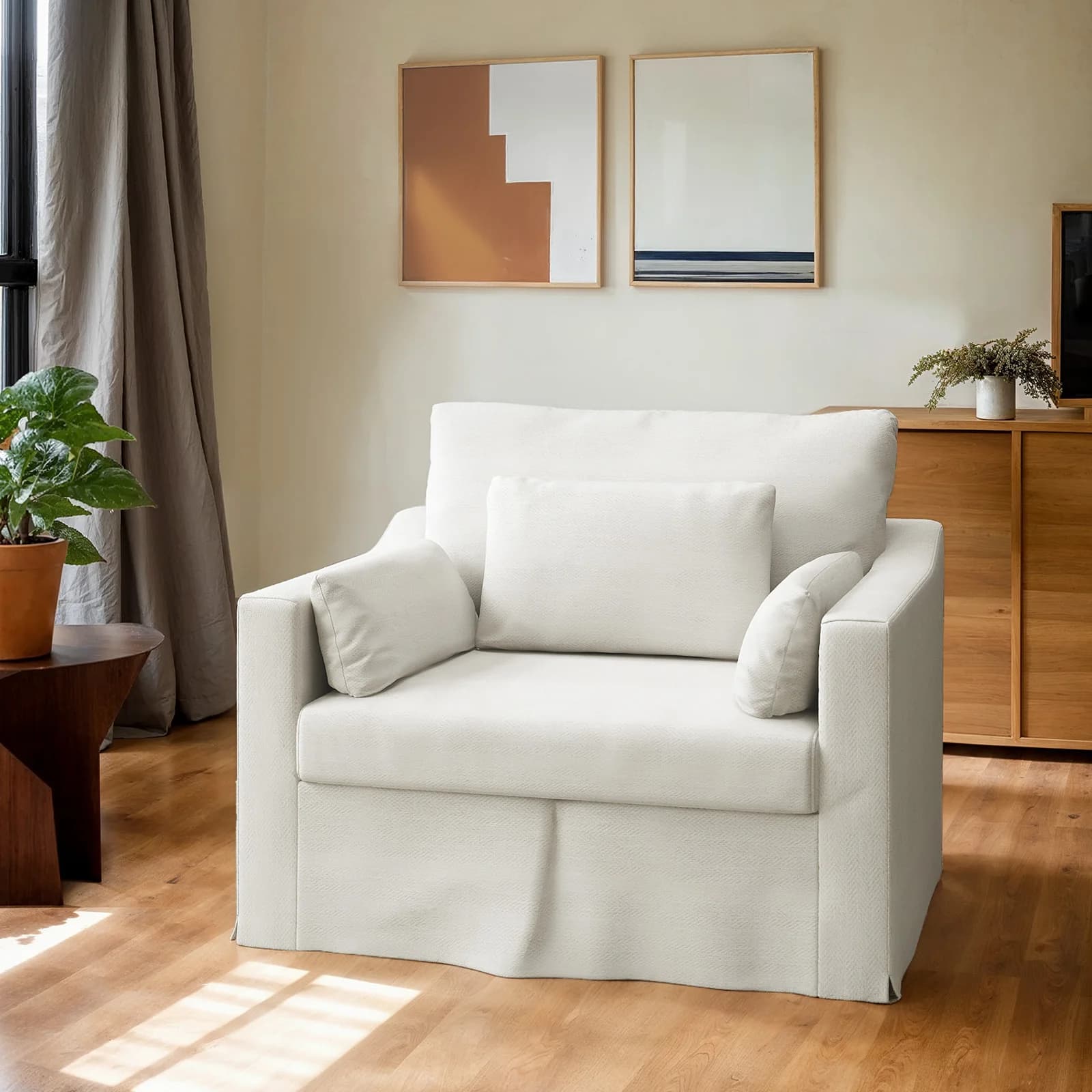 Oversize accent chair, 42 inch wide covered sofa bed with 3 cushions, beige armchair with deep seat and cushion with pocket springs