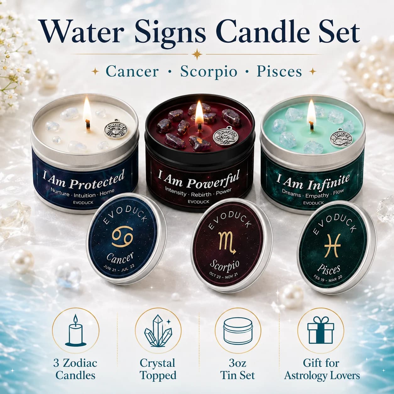 3 Pcs Water Signs Zodiac Candle Set, Cancer Scorpio Pisces Crystal Scented Candles, Astrology Birthday Gift for Women Home Decor