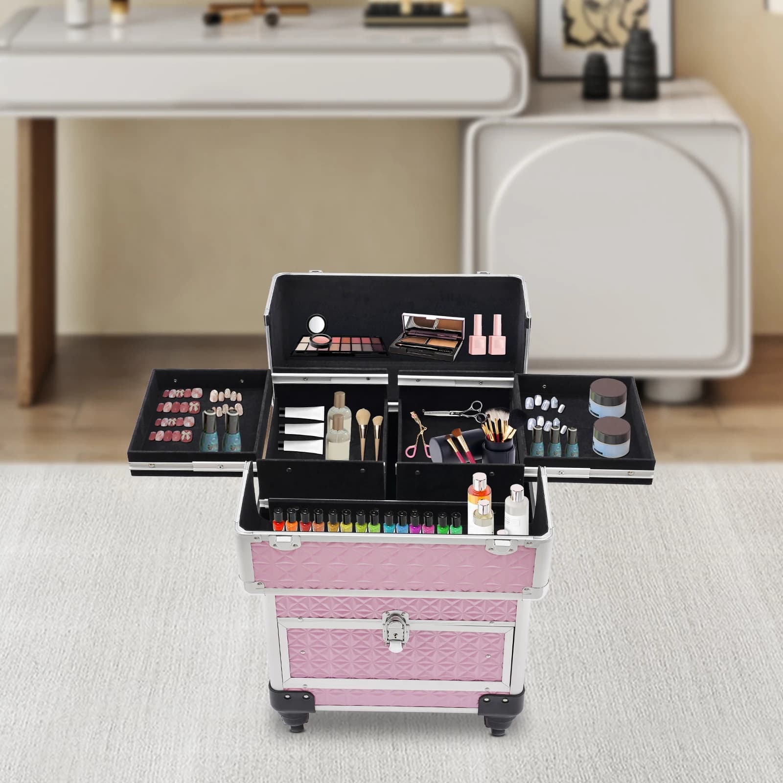 Custodia per trucco, carrello per trucco con 7 scomparti e cassetto liscio, scatola portaoggetti per parrucchiere per tatuaggi rosa per nail art, regalo