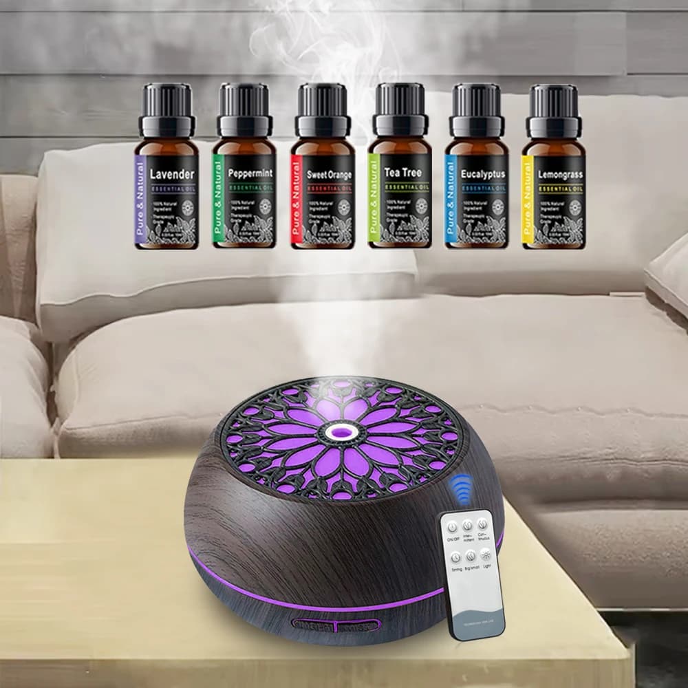 Diffusore intelligente da 550ml con 6 oli-telecomando senza App, Timer personalizzato e illuminazione RGB per la decorazione domestica moderna