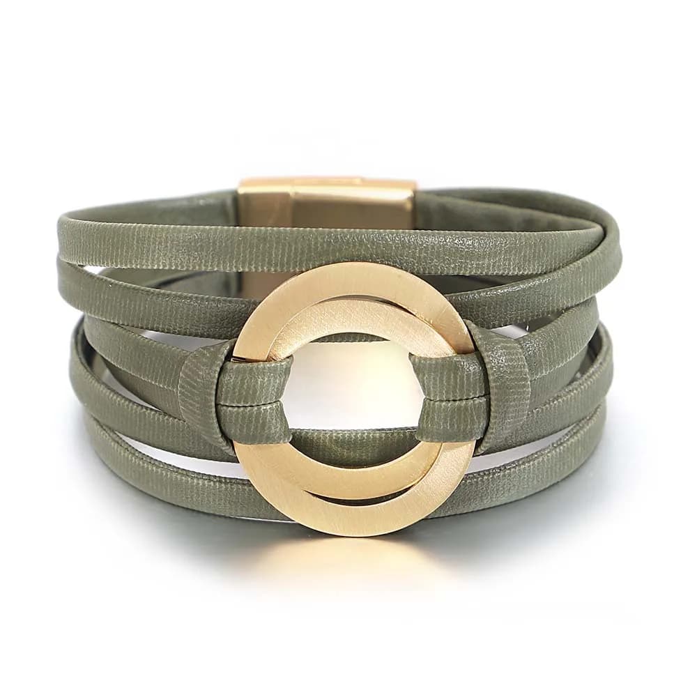 Amorcome Braccialetti classici con ciondoli in metallo a doppio cerchio per donna Bracciale avvolgente in vera pelle morbida Femme Pulseras Gioielli