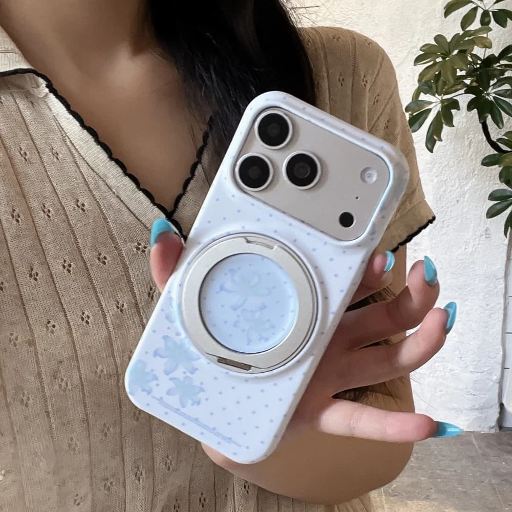 Korean Ins Light Blue Floral Print Phone Case For iPhone 17 Pro 15 16 17 Pro Max 15Pro Girly Shockproof Case With Magnetic Stand