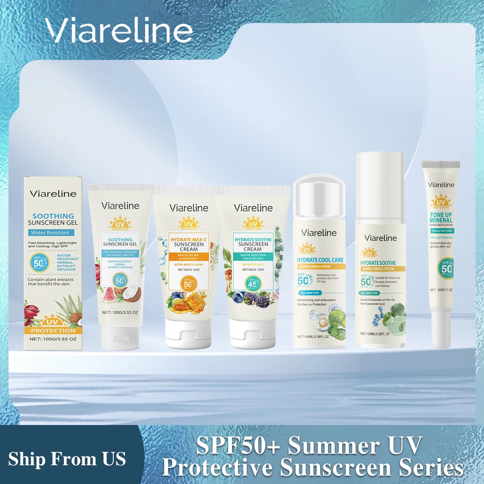 Viareline Summer Sun Protection Series Spf50 Protezione solare anti UV Idratante Pelle secca Rinfrescante Nessun grasso Prevenzione delle scottature solari