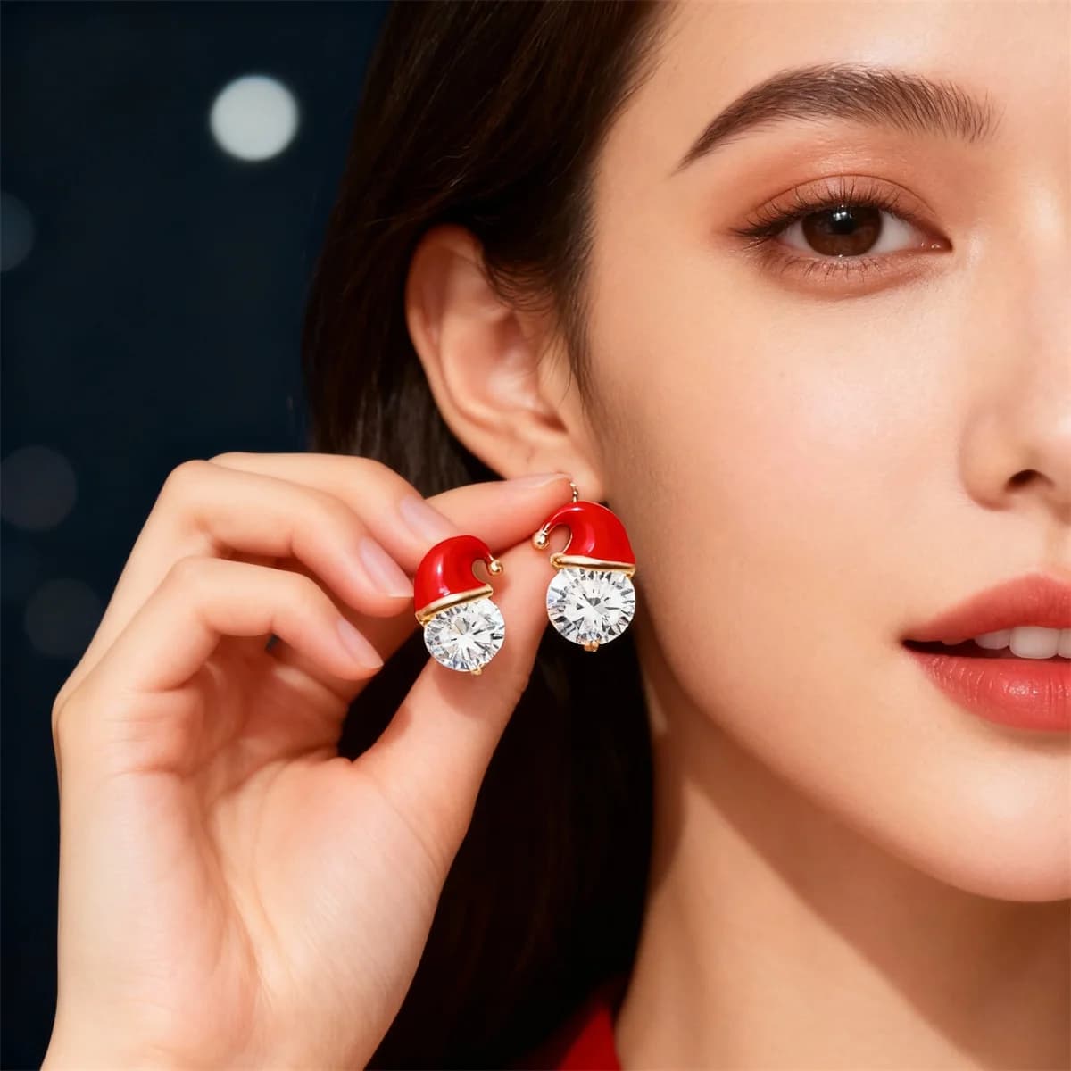 Earrings with Santa Claus hat 2 pairs of sparkling zircons in red gold, jewelry for Christmas holidays, gift, accessories for teen parties Wome