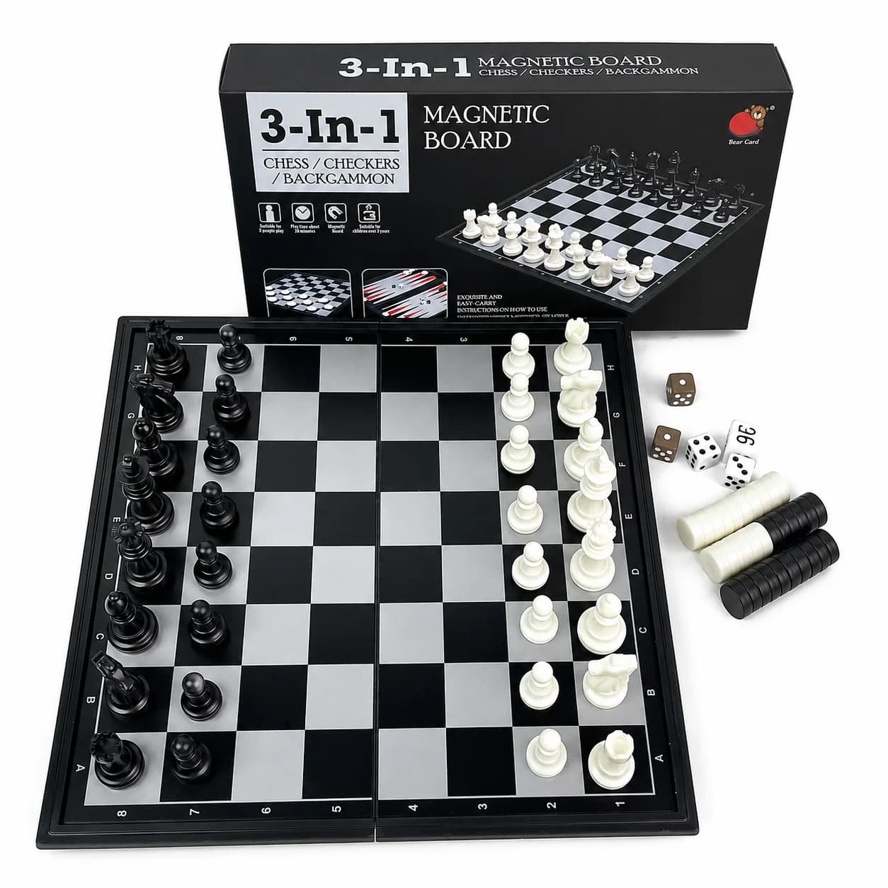 25x25cm 3 in 1 Folding Magnetic Chess Checkers Backgammon Set Board Game with Carry Box Safe Portable Travel Educational Puzzle