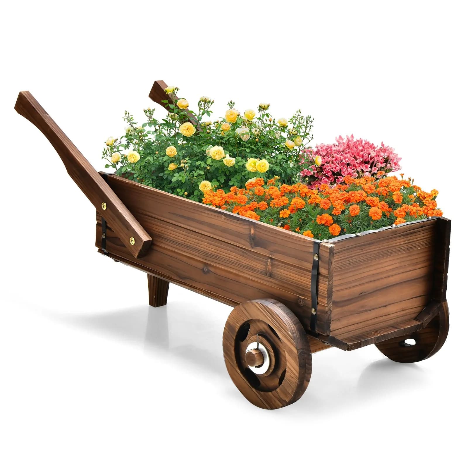 Fioriera Decorativa in Legno a Forma di Carrozzina, Supporto per Piante e Fiori, Vaso Rialzato da Giardino