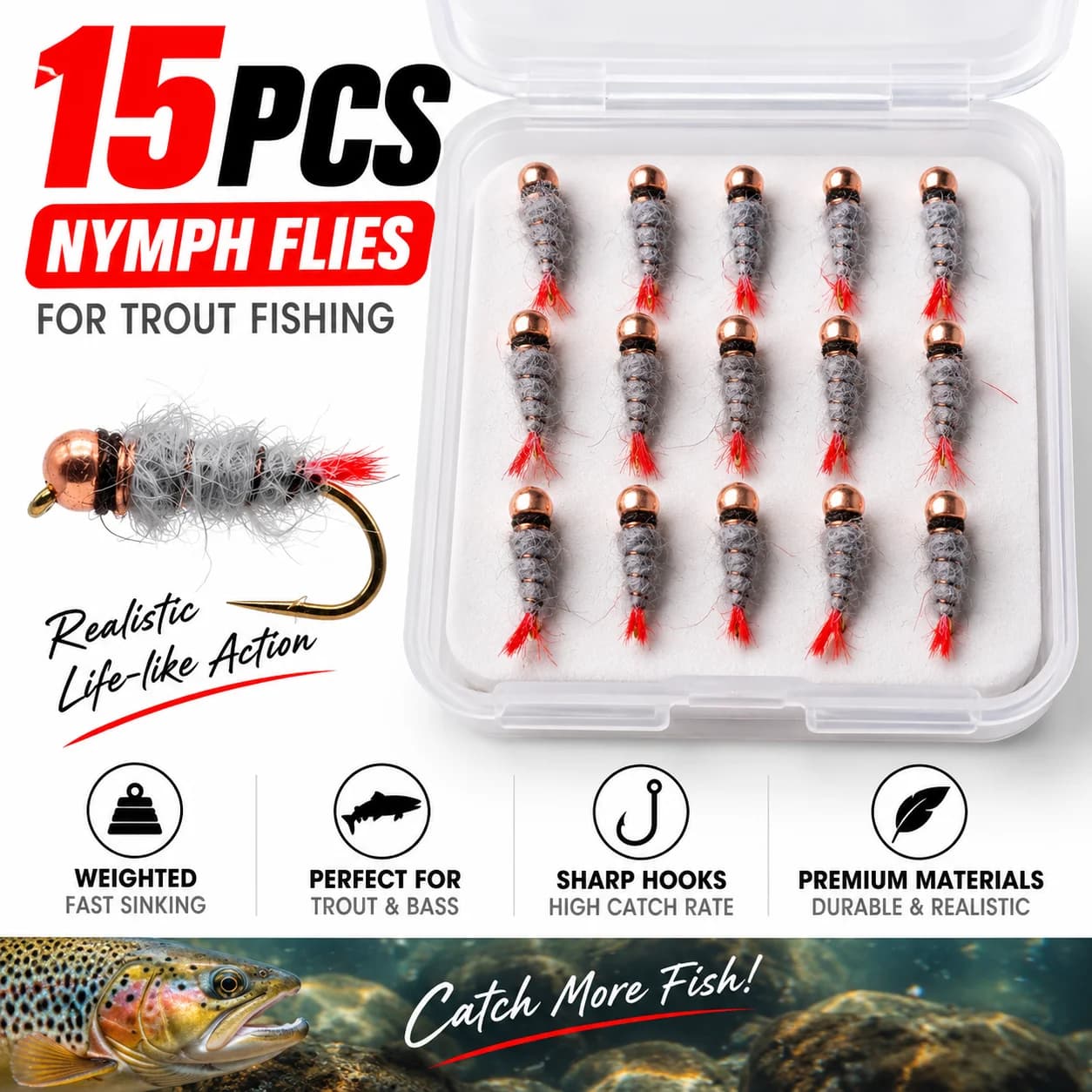 15PCS Bead Head Nymph Flies for Trout Fly Fishing Weighted Sinking Nymph Fly Lures Trout Bass Fishing Tackle