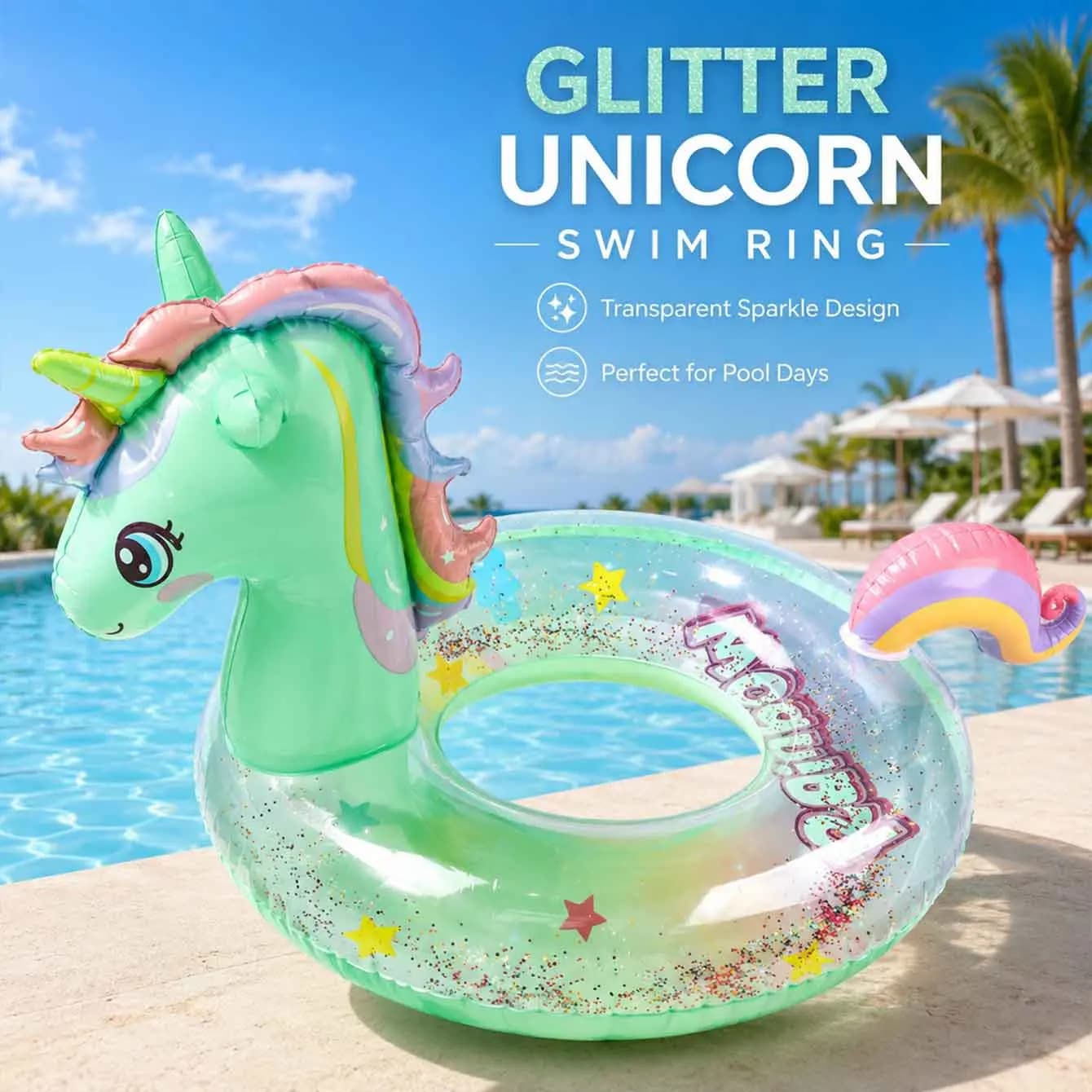 1PC Rainbow Clear Glitter Swim Ring Inflatable Pool Float Sparkle Water Tube Ring Adult Floating Bed Summer Party Beach Lake