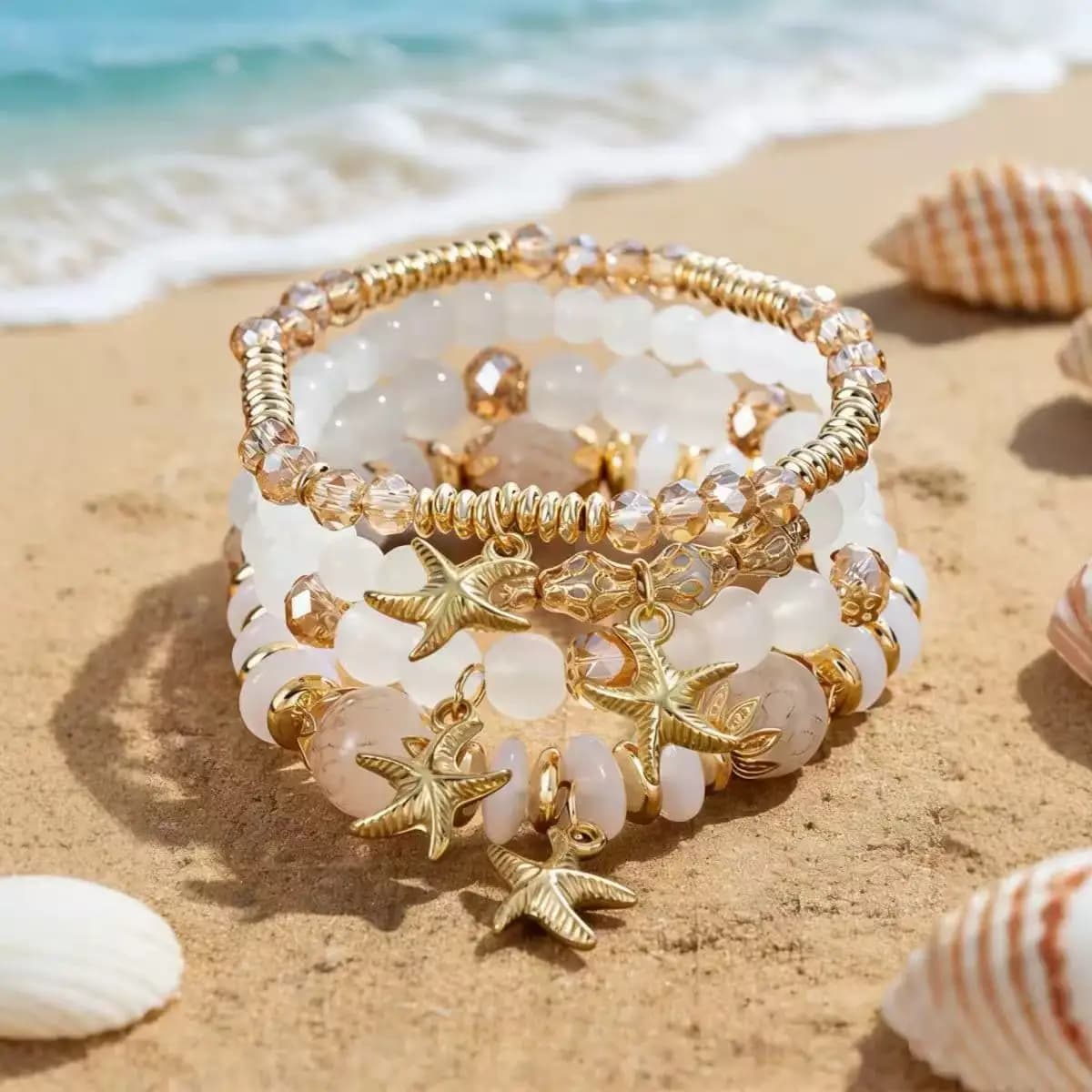 Bohemian style beach vacation starfish shell bracelet set, sweet and romantic, talisman bracelet