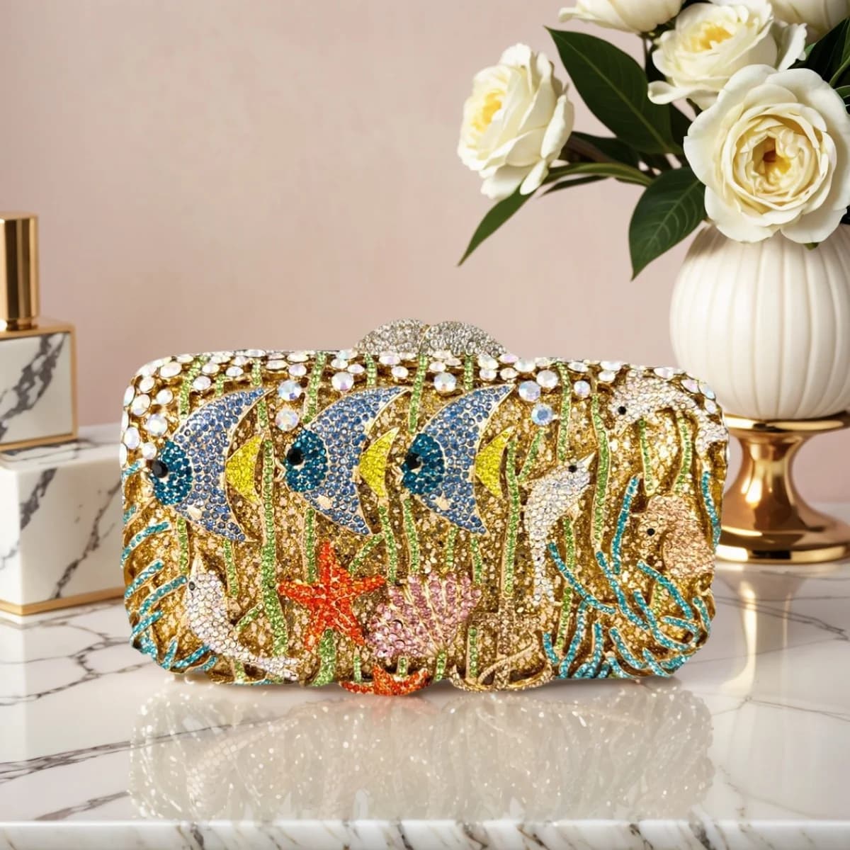 Summer Fish Rhinestone Purse for Women Cute Beach Shell Evening Clutch Glitter Crystal Handbag for Vacation Cocktail Party