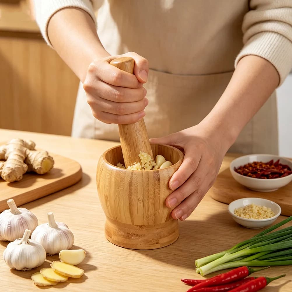 Traditional Bamboo Mortar and Pestle Set Garlic Grinder Herb Spice Masher Seasoning Crusher Kitchen Tool for Mash Spices Pepper