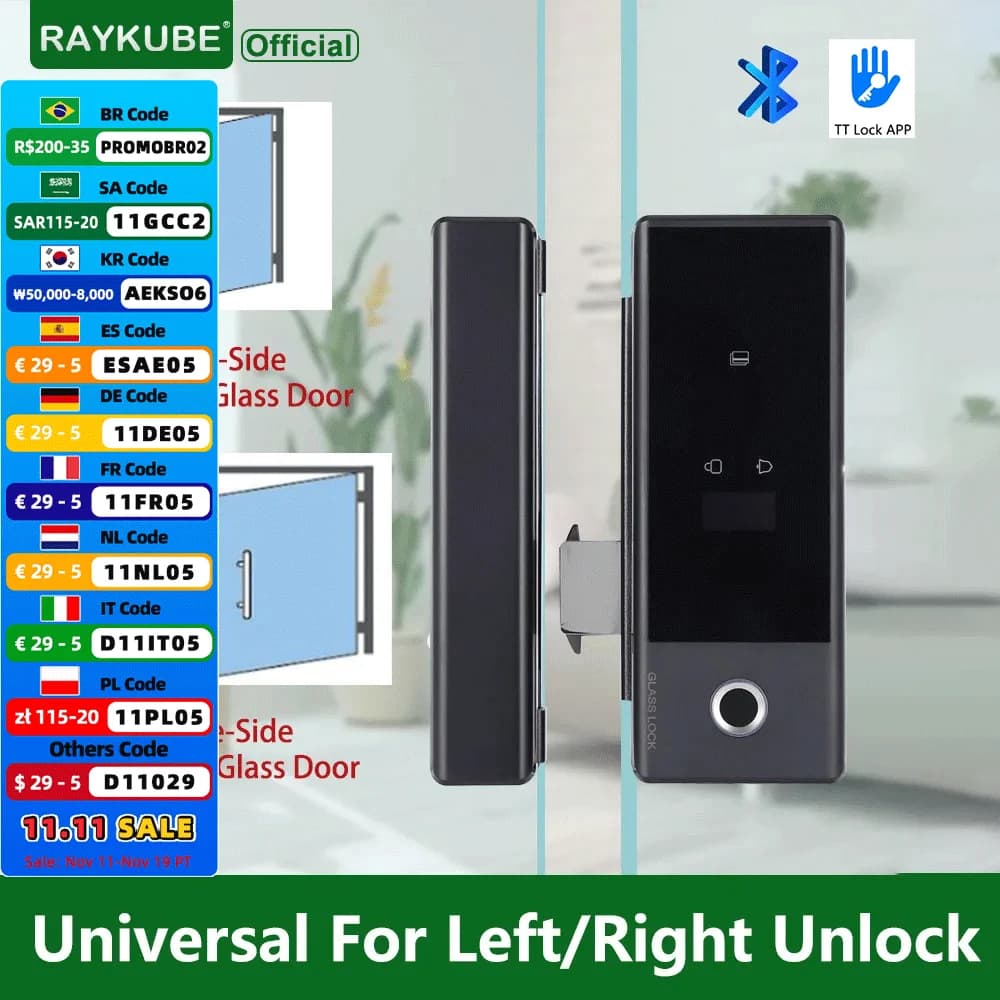 RAYKUBE GS1 TT Lock Bluetooth Smart Glass Lock per porta in vetro Impronta digitale biometrica Serratura digitale elettronica Perforazione gratuita