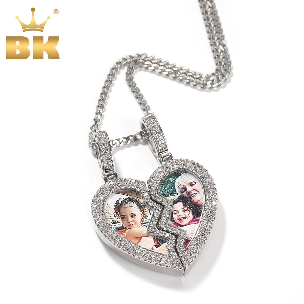 THE BLING KING cuore spezzato foto cornice magnetica ciondolo 2 immagini Iced Out Cubic Zirconia gioielli Hiphop regalo di san valentino