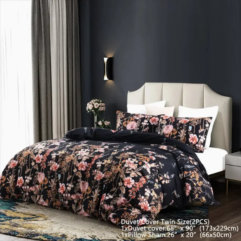 Set copripiumino floreale nero completo/Set copripiumino Queen 90 "x90" copripiumino con chiusura a cerniera e 2 fodere per cuscini in microfibra