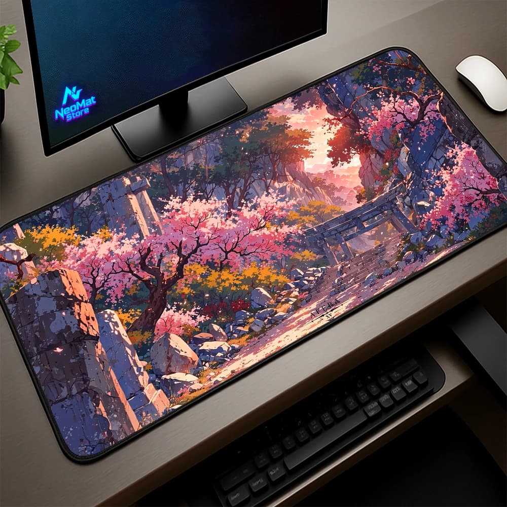 Japanese Sakura Mouse Pad XL Laptop Gaming Desk Mat 90x40 Pink Mousepad Blossom Rocky Cherry Temple Landscape Accessories