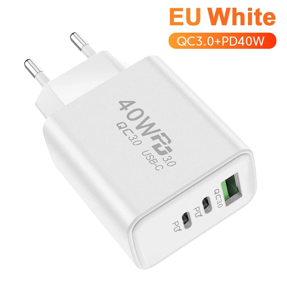 Caricatore USB C PD da 40 W Caricatore rapido a ricarica rapida a 3 porte Adattatore da parete da viaggio per telefono cellulare con spina UE USA UK per iPhone Samsung Xiaomi