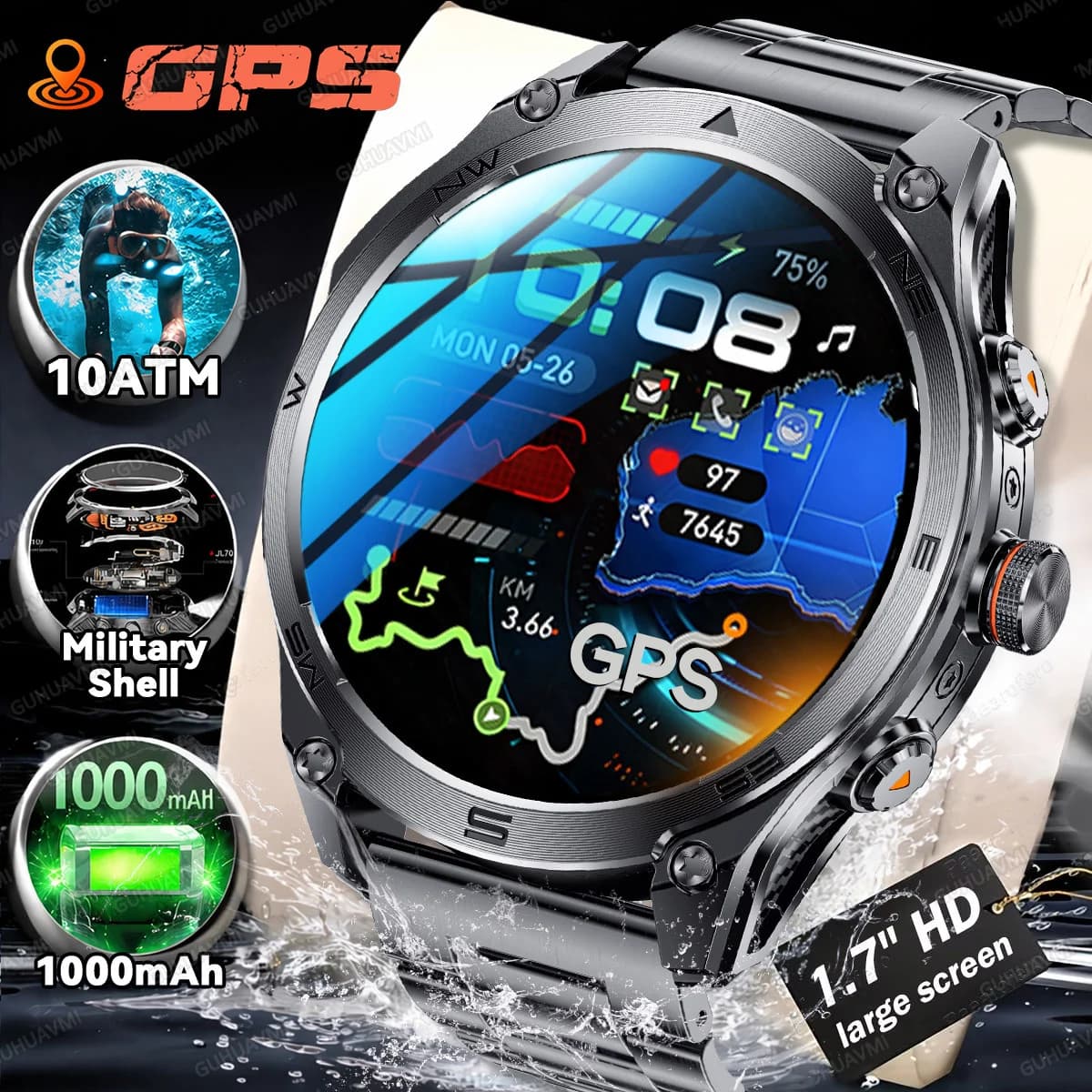 Dual-Band 2026 GPS Smartwatch with 1.7" HD Screen, Outdoor Tracker, Military Scotch, 10ATM Waterproof, Route Track, Cardiofrequencymeter, 1000mAh Battery