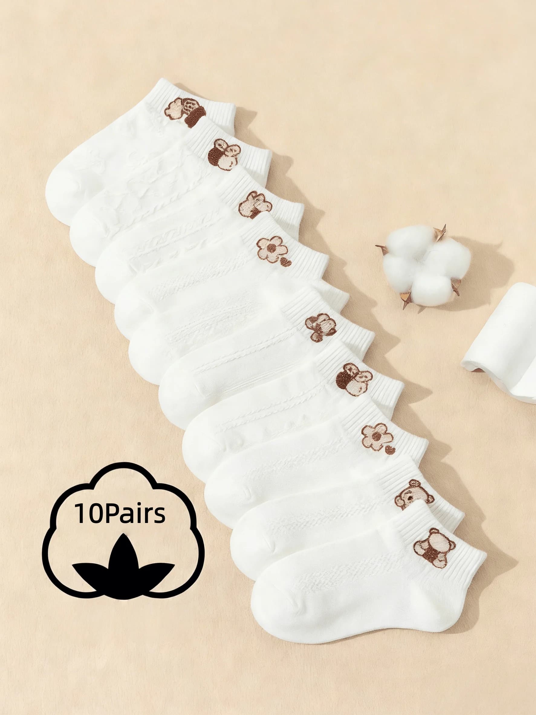 10 pairs of ankle socks with cute cartoons of bunnies for women and girls | Adorable short socks white | Soft and comfortable socks, spring/summer/autumn