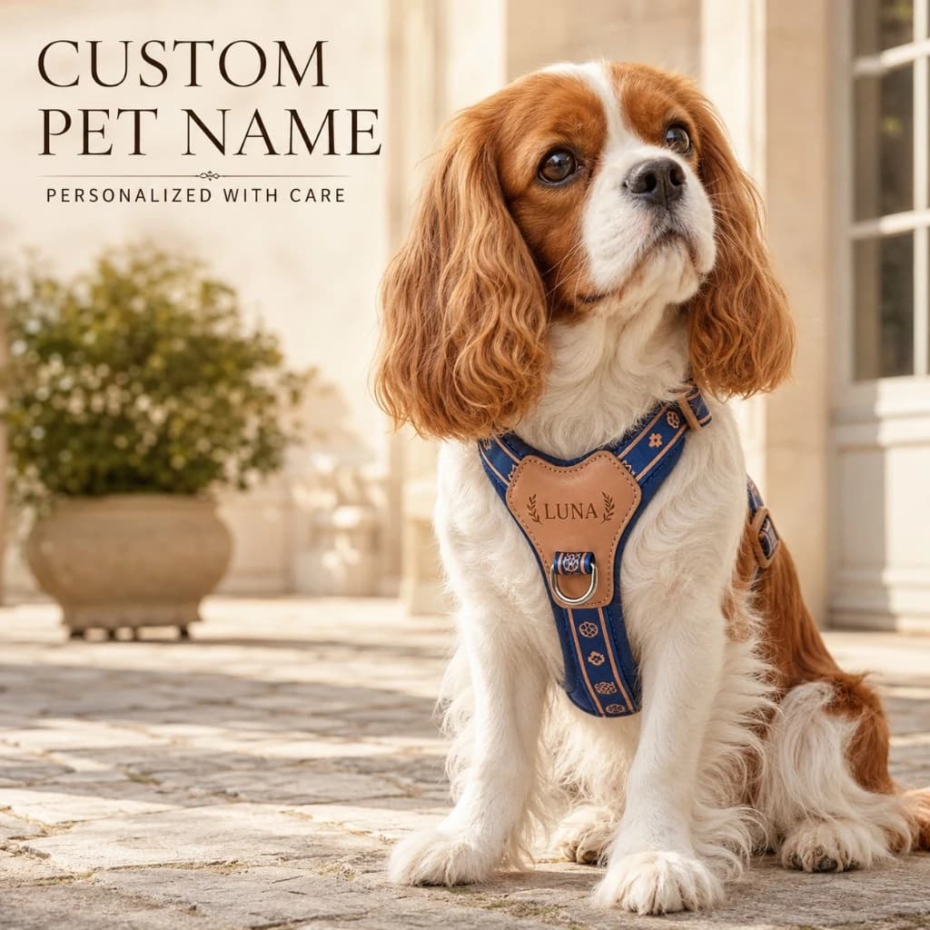 Custom Dog Harness PU Leather Laurel Laser Engraved Name Plate Breathable Vintage Walking Vest for Small Medium Dogs