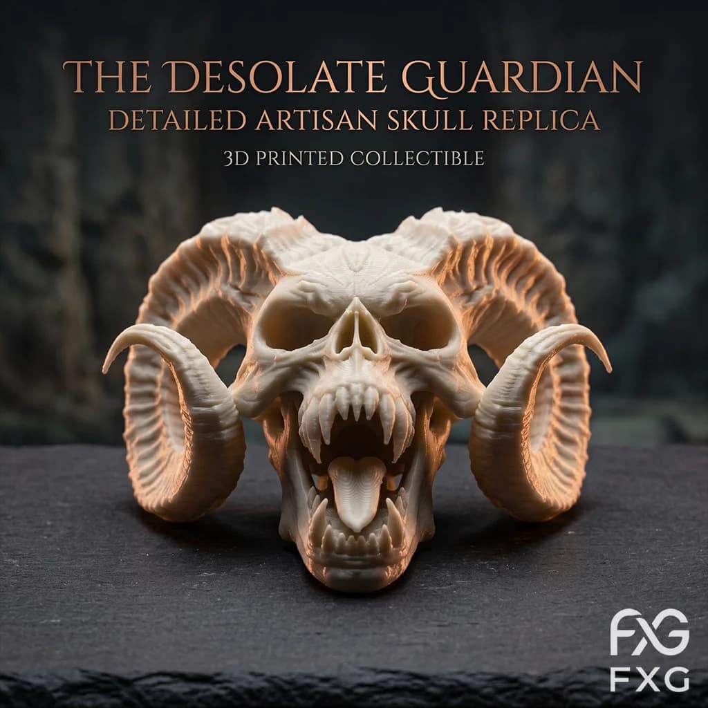 3D Printed Spiral Curved Horn Demon Skull Sculpture, Desk Decor, Gift for Gamers, Boyfriend Gift Idea, Christmas Gift, Halloween