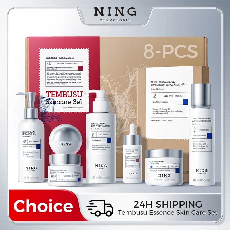 Set per la cura della pelle Essence Tembusu – Routine a 8 fasi con detergente amino, maschera di argilla, toner, siero di acido salicilico, crema e trattamenti per gli occhi