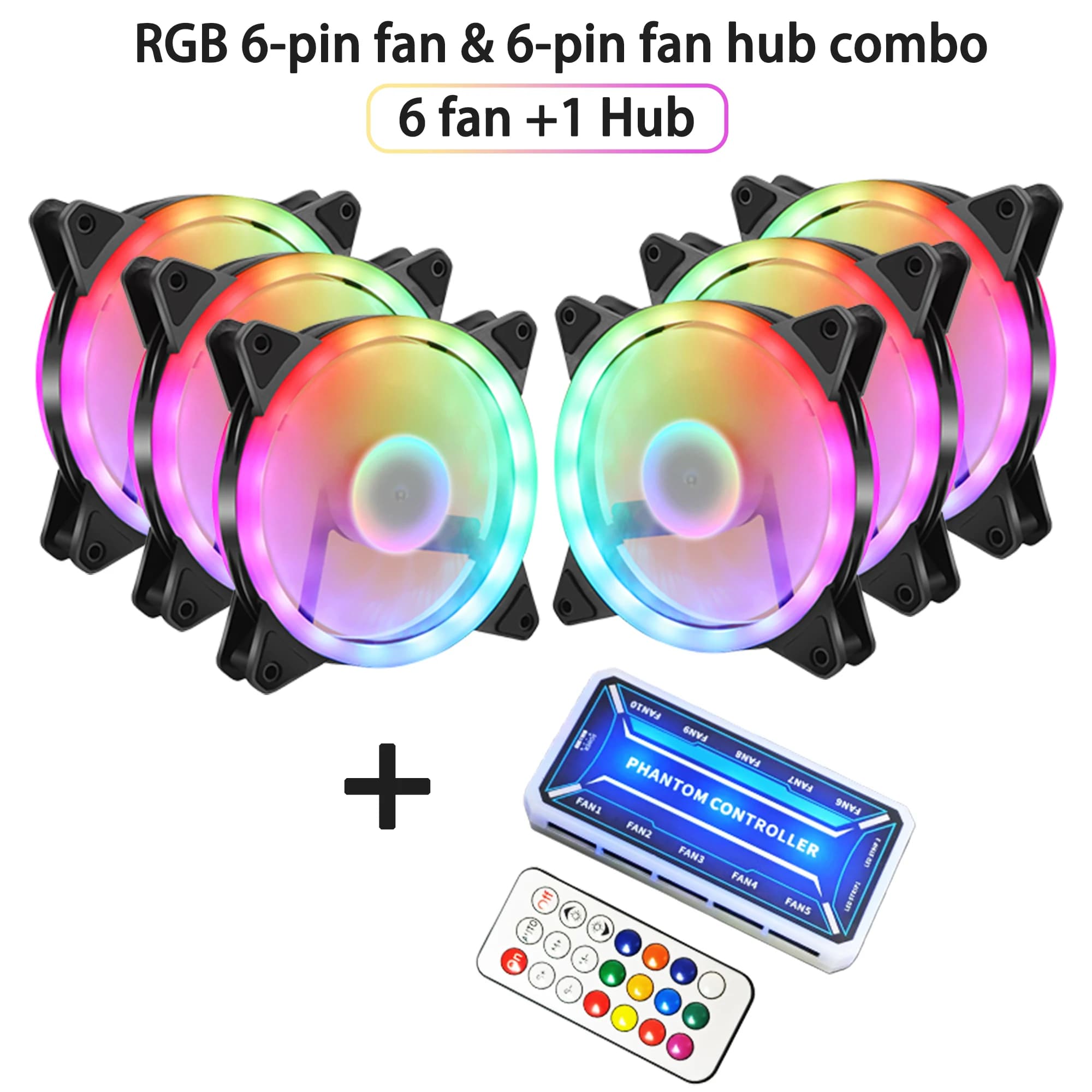 Pacchetto combinato da 3/6+1 pezzi: ventola RGB da 6 pin + hub per ventole da 6 pin, hub per ventole silenziose da 12 cm con telecomando - ventola frontale - Senza batteria