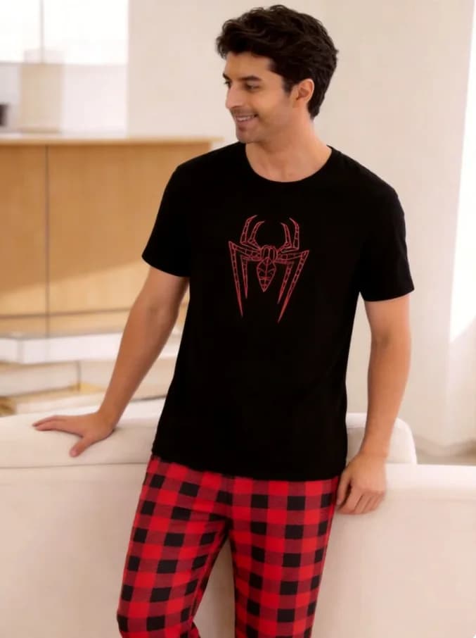 Men's Homewear Set: Plaid and Spider Print Short-Sleeve Long-Pants Loungewear, 1 Top + 1 Pants, Suitable for Cool Weather