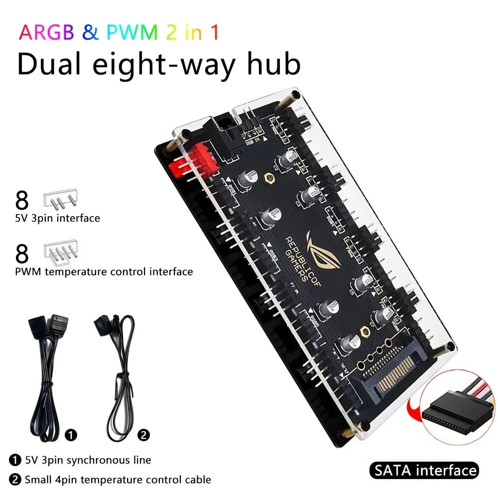 Hub Ventole Doppio a 8 Porte ARGB/PWM 2-in-1, Sincronizzazione Illuminazione 5V 3-Pin, Controllo Temperatura 12V 4-Pin, Alimentazione SATA