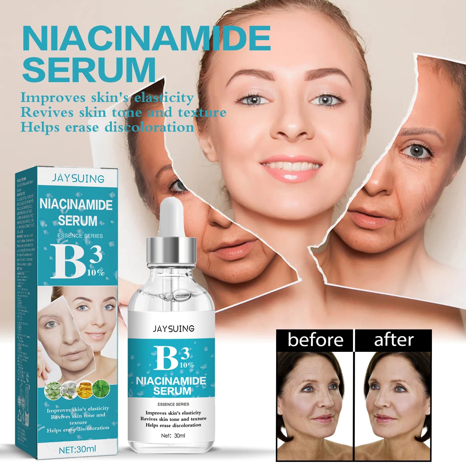Siero all'Essenza di Niacinamide JAYSUING per la Rimozione della Melanina, Riduzione delle Macchie Scure, Uniformazione della Pelle, Schiarimento, Ringiovanimento e Anti-Acne