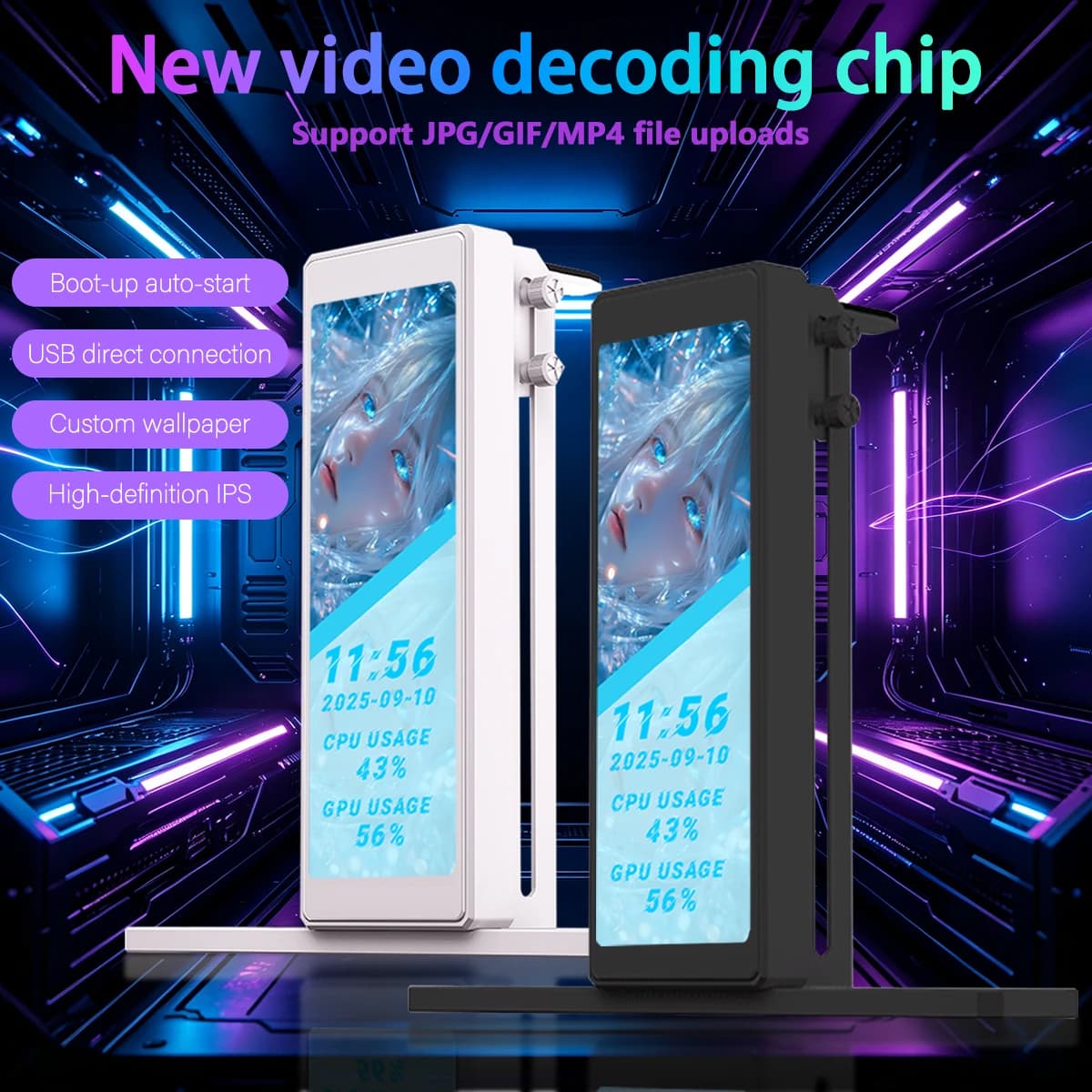 GCXZ 4.58" 960*320 IPS USB PC Screen, All-Aluminum Rotatable GPU Bracket, AIDA64 Temp Monitor, Custom Wallpaper/GIF/MP4