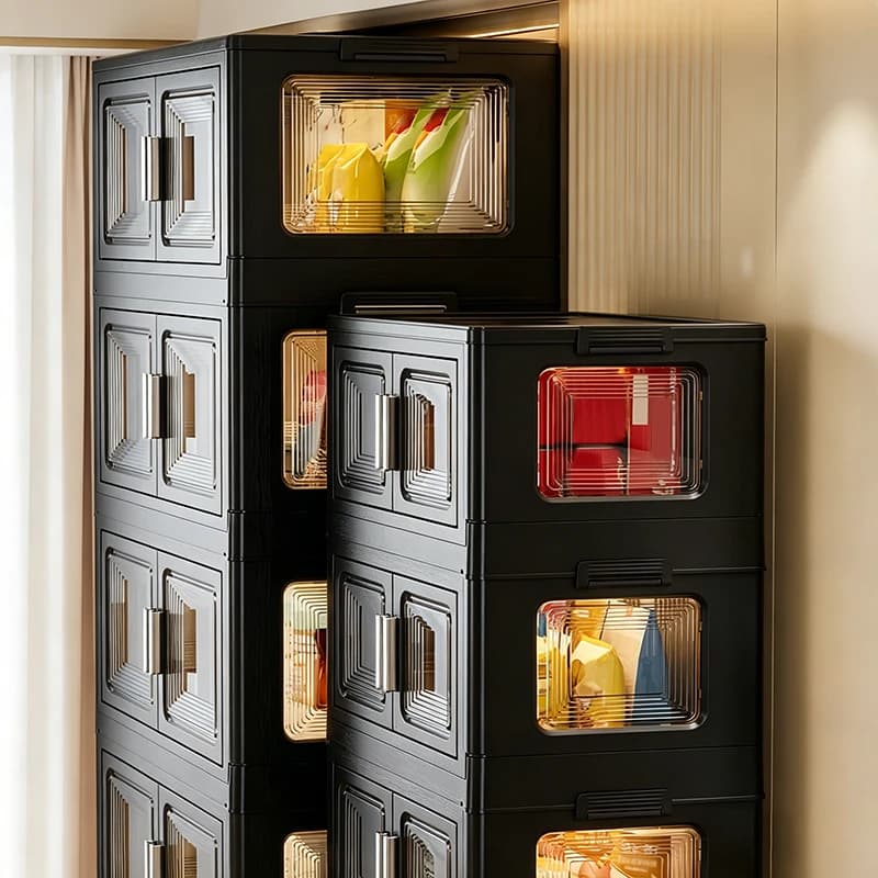 2/3/4/5-Tier Foldable Storage Cabinet, Stackable Clear Double Door Organizer for Blankets Clothes Handbags, Space-Saving Rack for Bedroom Bathroom Closet, Thick PP Dustproof Unit with Transparent Window