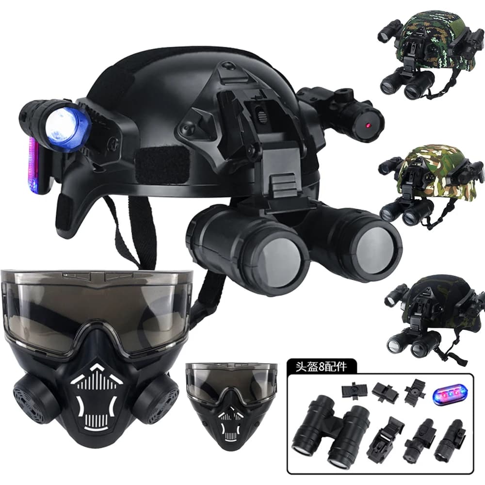 Set di caschi tattici per bambini con occhiali binoculari per la visione notturna Modello di maschera Torcia elettrica Luce stroboscopica per CS Shooting Cosplay