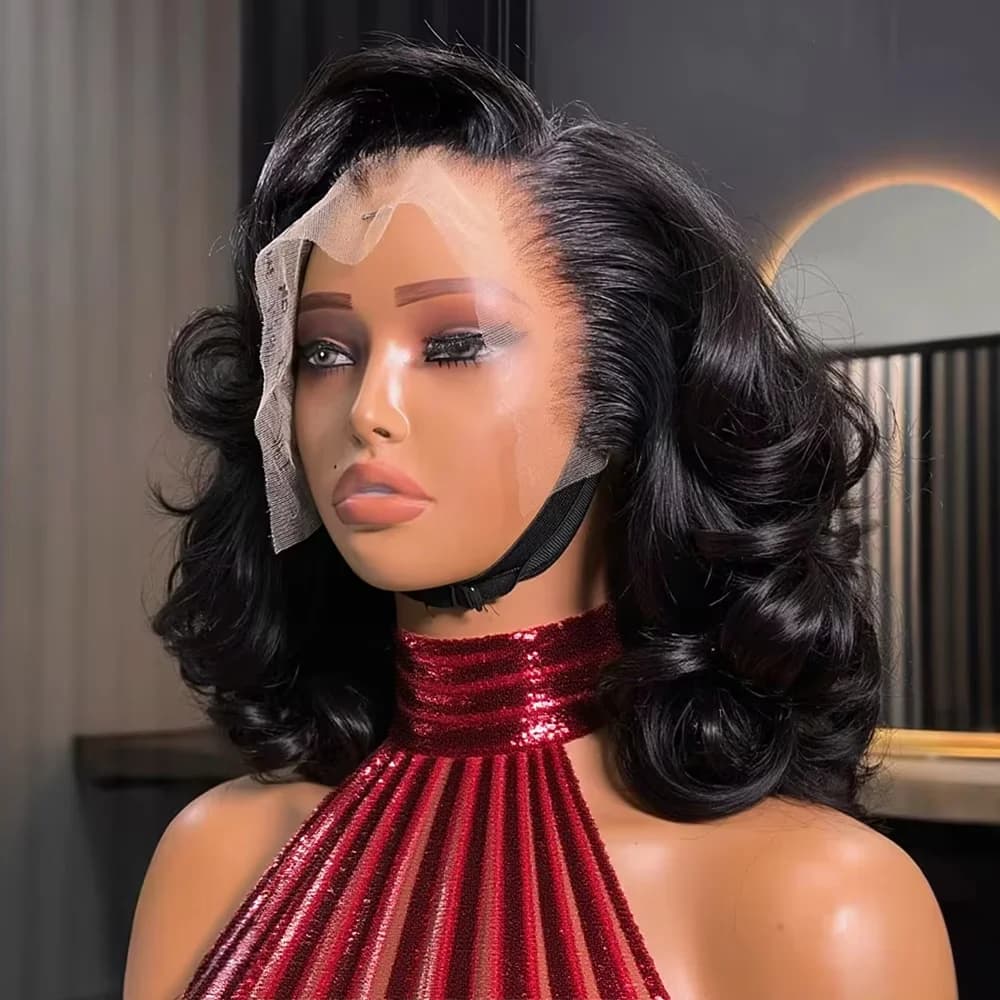 Short Bob Wig Body Wave 250% Density 13x4 Lace Front Human Hair Wig For Women Peruvian HD Frontal Wig 4x4 Closure Wig Loose Body Wave Natural Color #1b