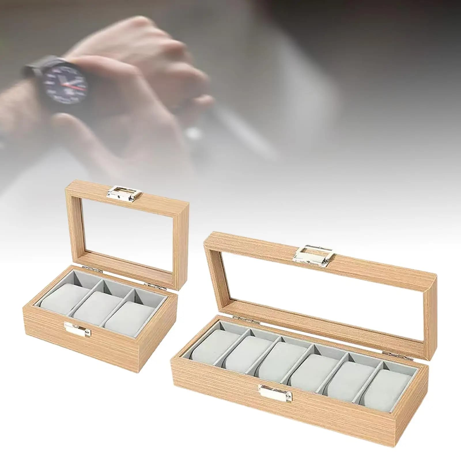 Elegante scatola organizer per orologi in legno con coperchio in vetro trasparente Elegante custodia per orologi Espositore per gioielli per orologi multipli