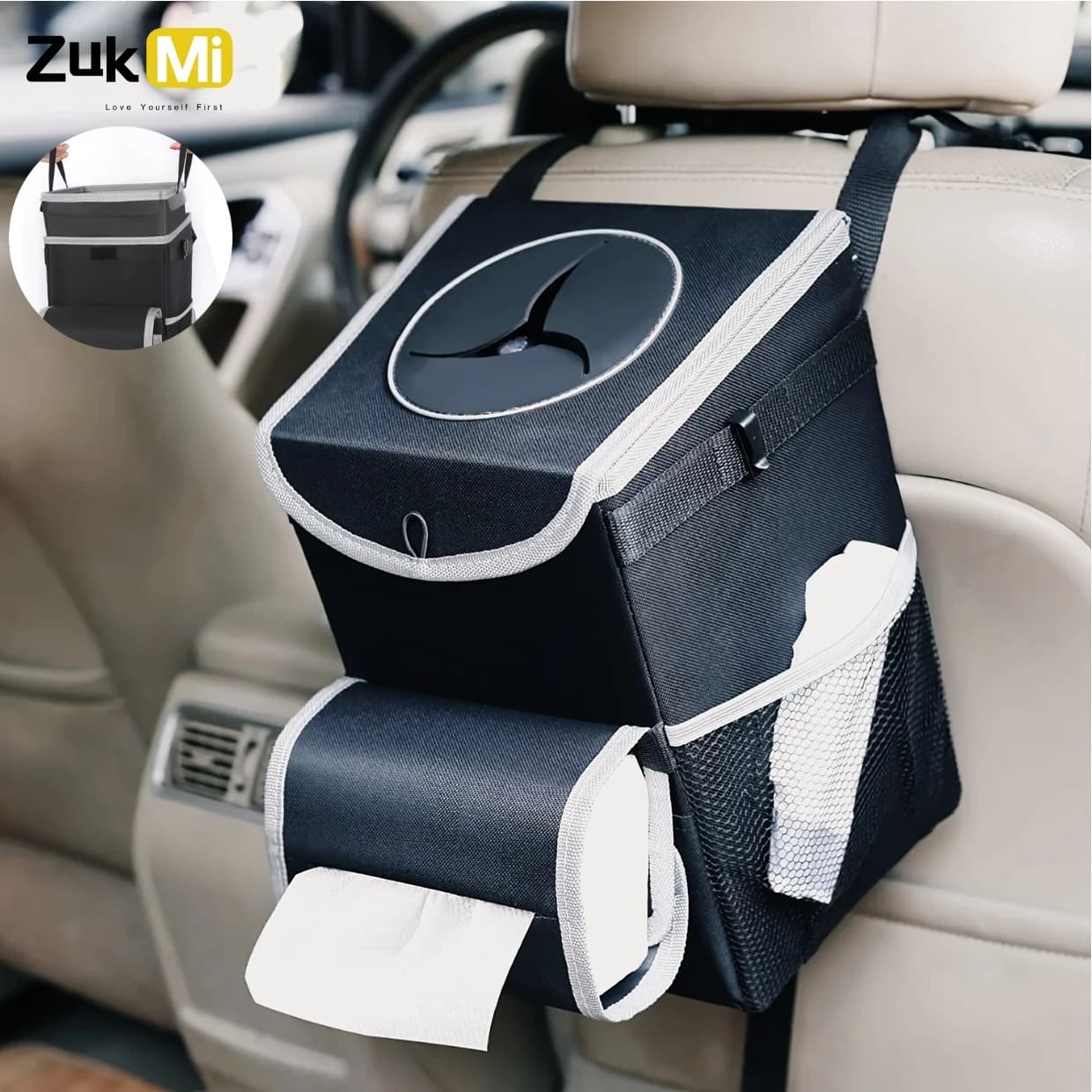 Car Trash Can with Lid – 3.5 Gallons Automotive Garbage Cans with Removable Leak-Proof Liner,Adjustable Tissue Holder & Storage