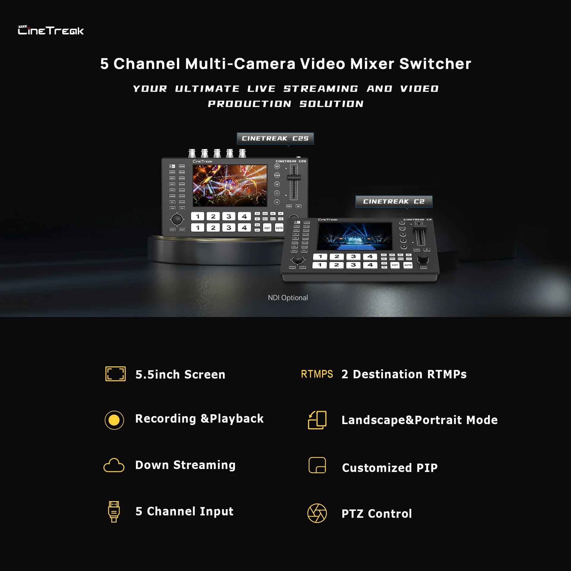 Cinetreak C2/C2S 5-Channel HDMI/SDI Video Switcher 5.5-Inch Screen PTZ Control Live Streaming Mixer for Multi-Camera Production