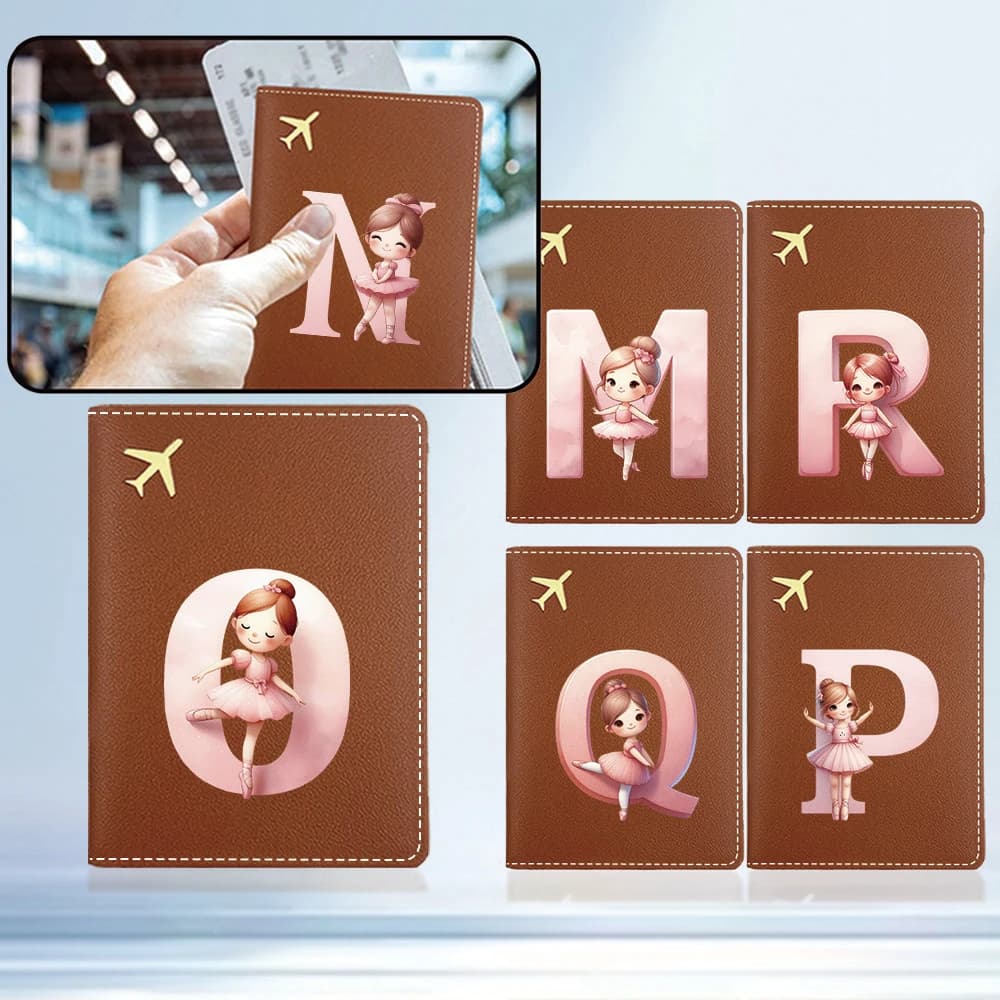 Custom Name Floral Alphabet Ballet Girl Passport Holder Brown Foldable 26 Letter Print Travel Document Cover For Travelers