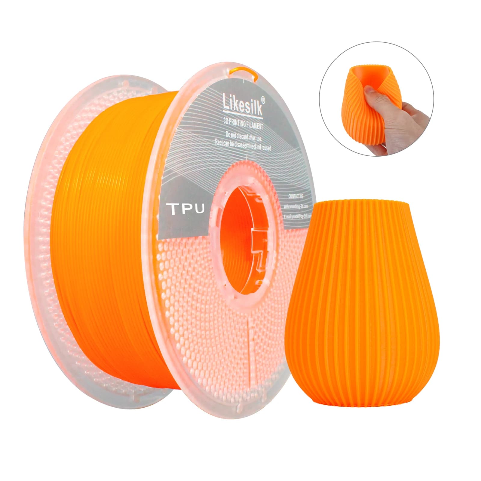 Filament TPU Likesilk 95A, soft and flexible 3D printer filament 1,75 mm, dimensional accuracy +/- 0.03, 1 kg coil (2.2 pounds), TPU Oran