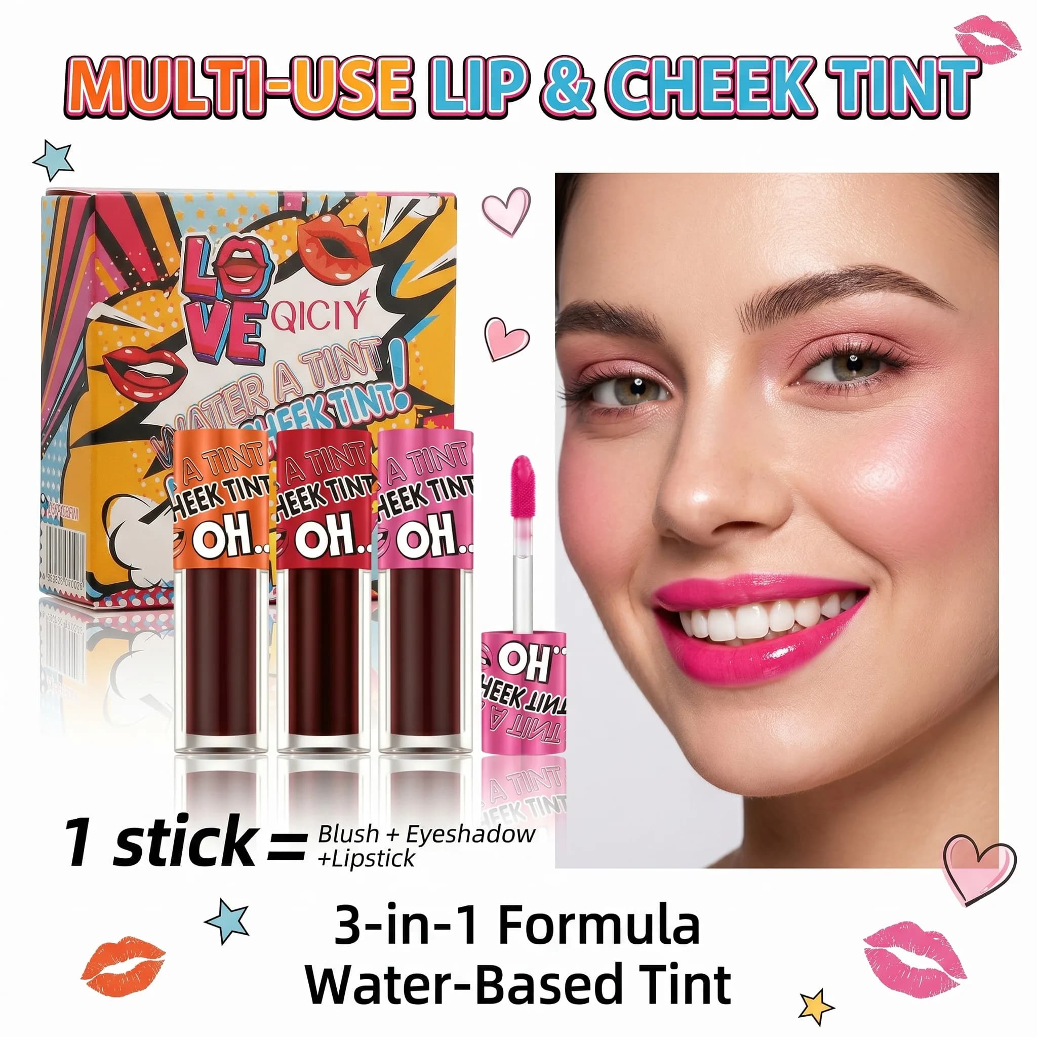 Set di lucidalabbra 3 in 1 a lunga durata, idratante, impermeabile, cosmetici multiuso che possono essere utilizzati per ombretto, fard e labbra