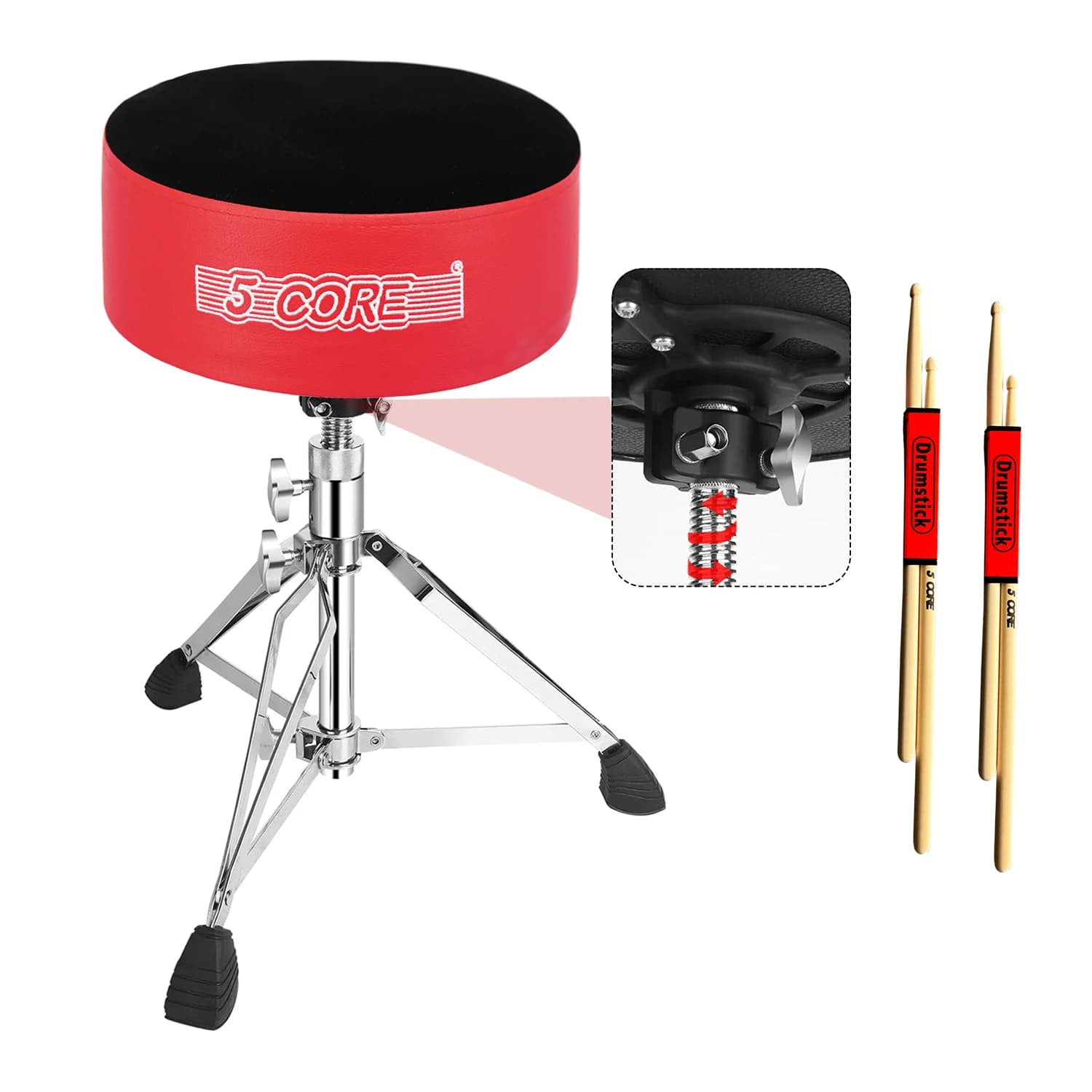 5 Core Drum Throne Padded Guitar Stool Swivel Adjustable Drummer Seat Music Chair DS CH RED VEL HD