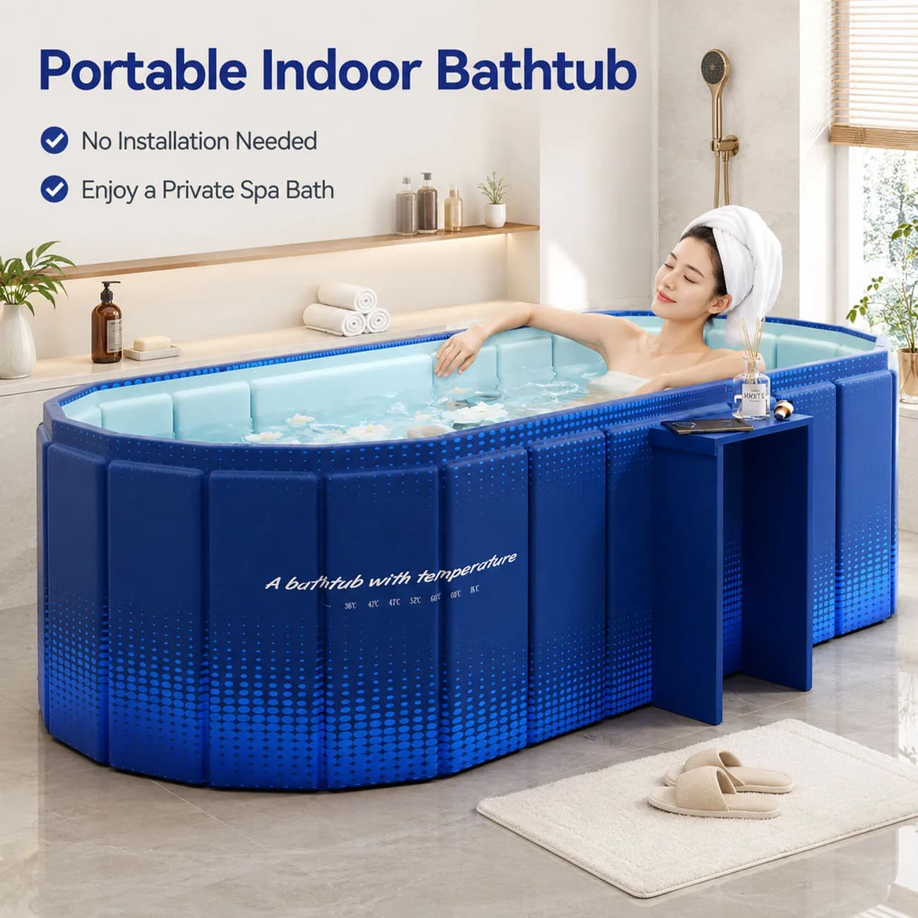 1PC Portable Foldable Bathtub for Adults, Large Capacity Indoor Soaking Tub with Double Drainage, Stable Support & Side Shel