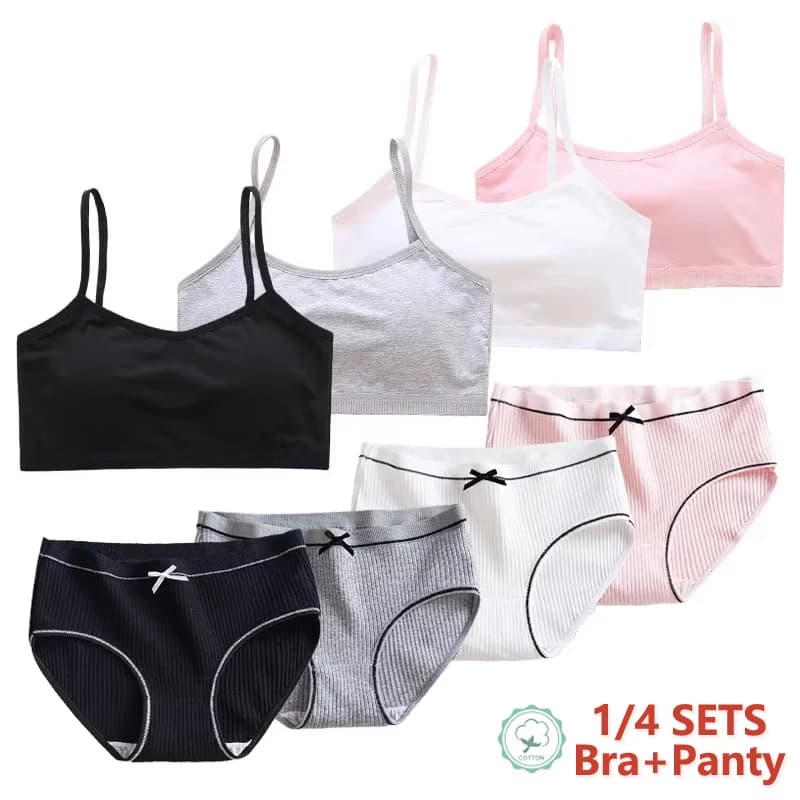 1/4 Set Set di biancheria intima per ragazze in cotone Set di reggiseni e mutandine da allenamento per ragazze adolescenti Set di reggiseno con imbottitura fissa senza fili solido con slip